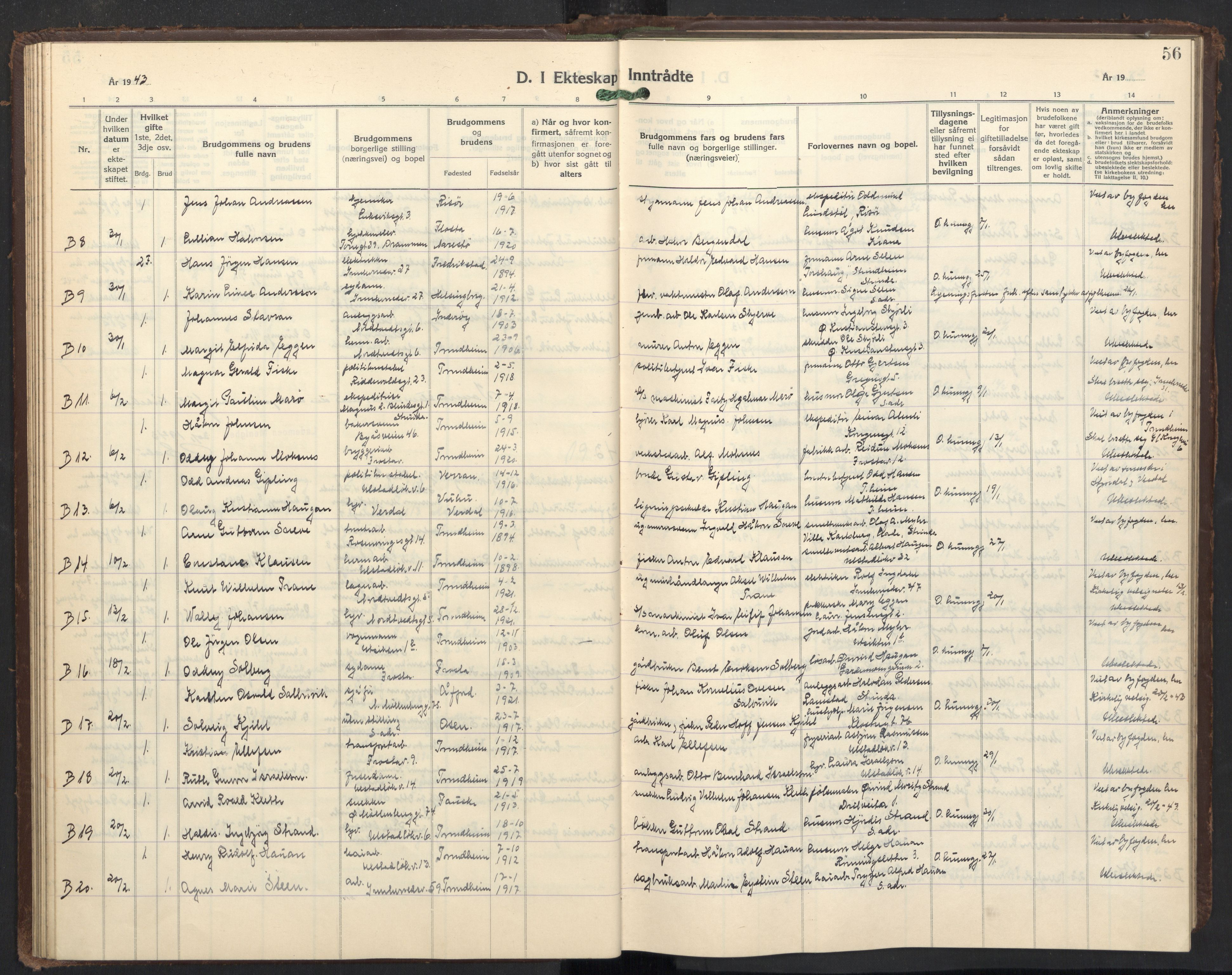 Ministerialprotokoller, klokkerbøker og fødselsregistre - Sør-Trøndelag, SAT/A-1456/605/L0263: Parish register (copy) no. 605C10, 1938-1949, p. 56