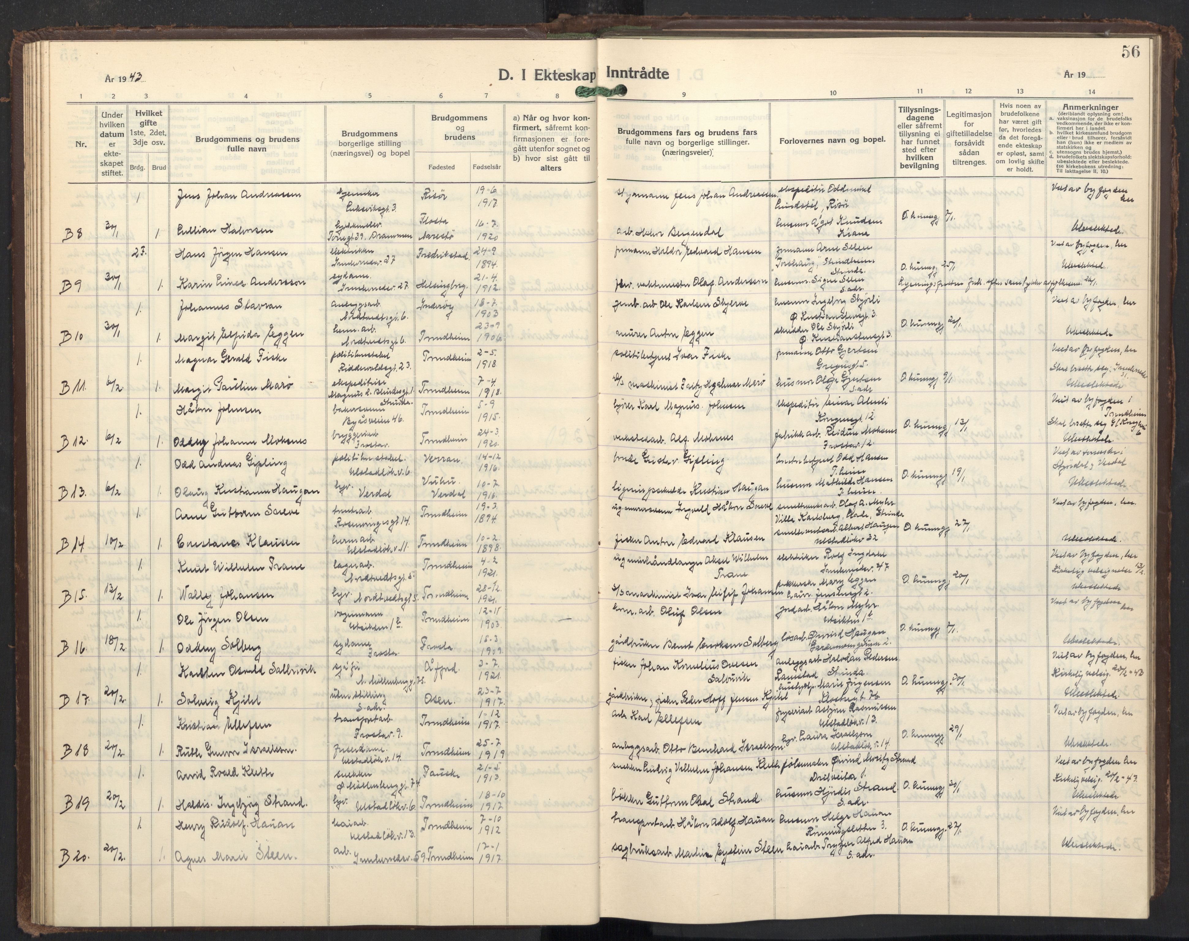 Ministerialprotokoller, klokkerbøker og fødselsregistre - Sør-Trøndelag, AV/SAT-A-1456/605/L0263: Parish register (copy) no. 605C10, 1938-1949, p. 56