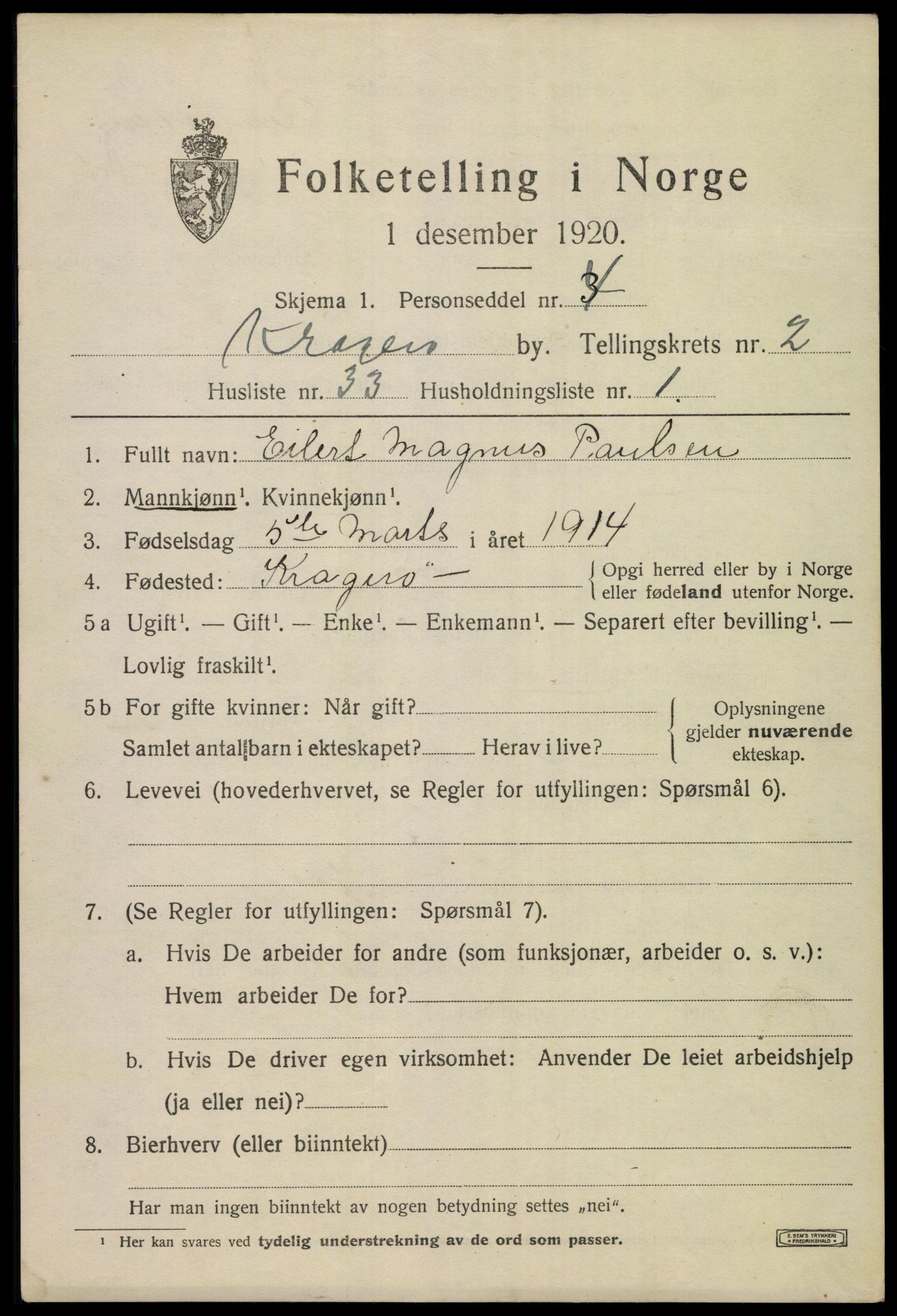 SAKO, 1920 census for Kragerø, 1920, p. 5751