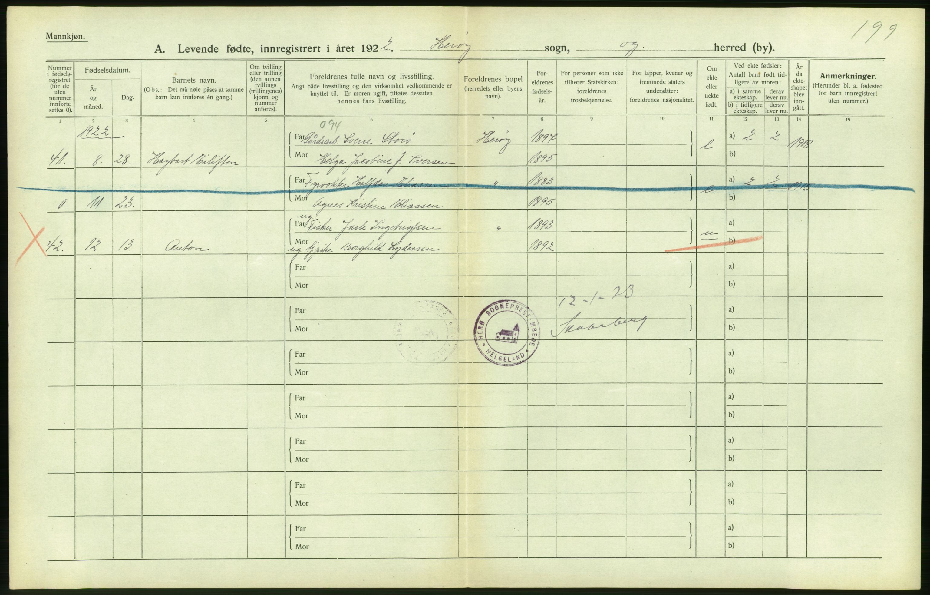 Statistisk sentralbyrå, Sosiodemografiske emner, Befolkning, AV/RA-S-2228/D/Df/Dfc/Dfcb/L0044: Nordland fylke: Levendefødte menn og kvinner. Bygder og byer., 1922, p. 188