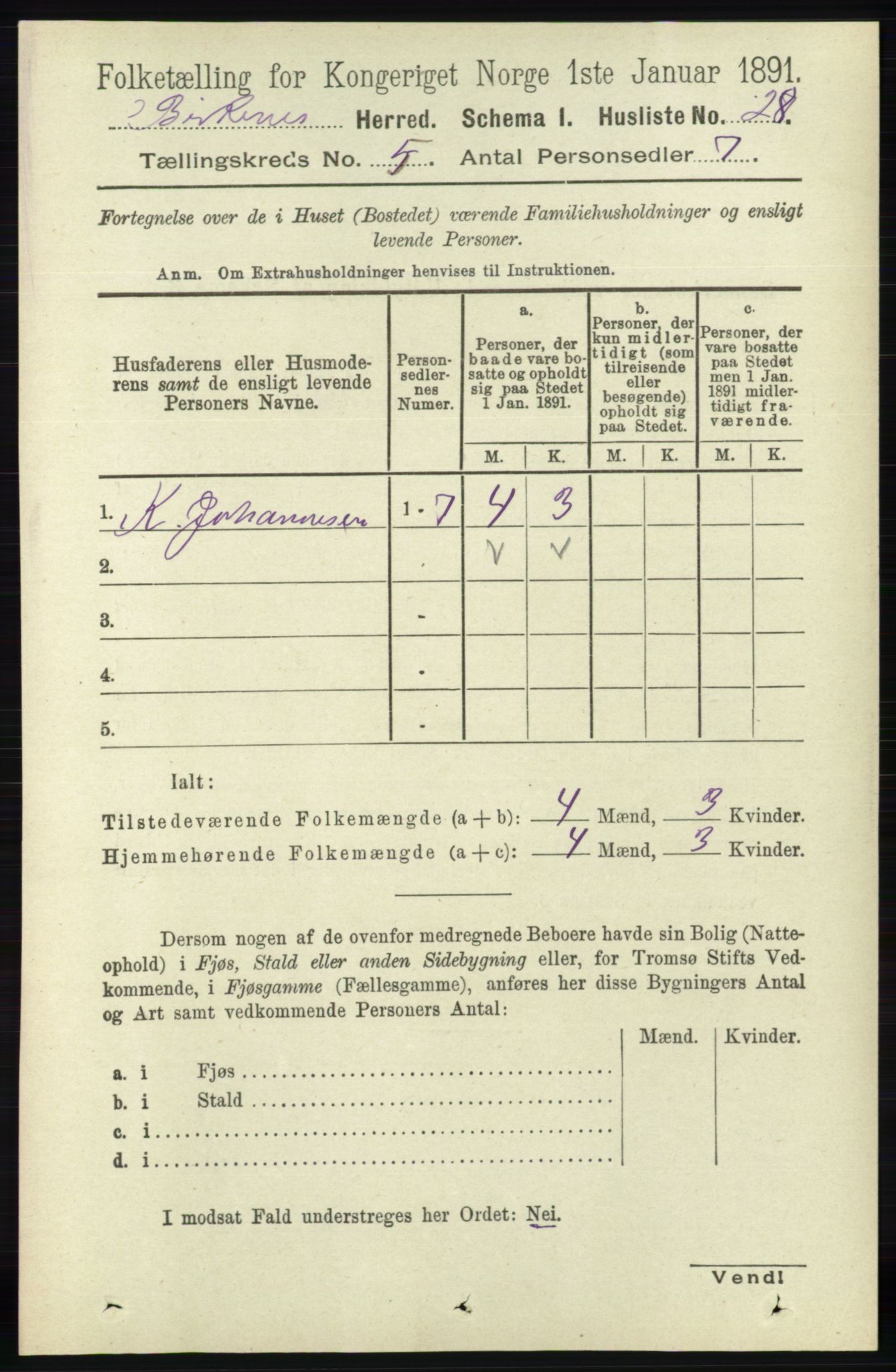 RA, 1891 Census for 0928 Birkenes, 1891, p. 1524