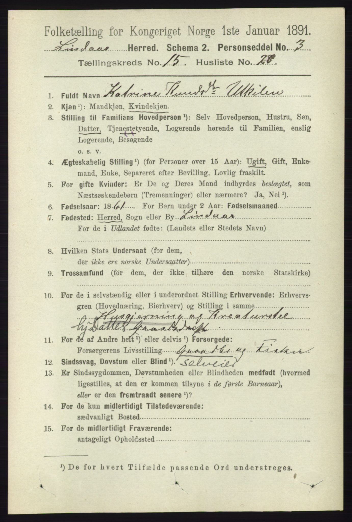 RA, 1891 census for 1263 Lindås, 1891, p. 5439