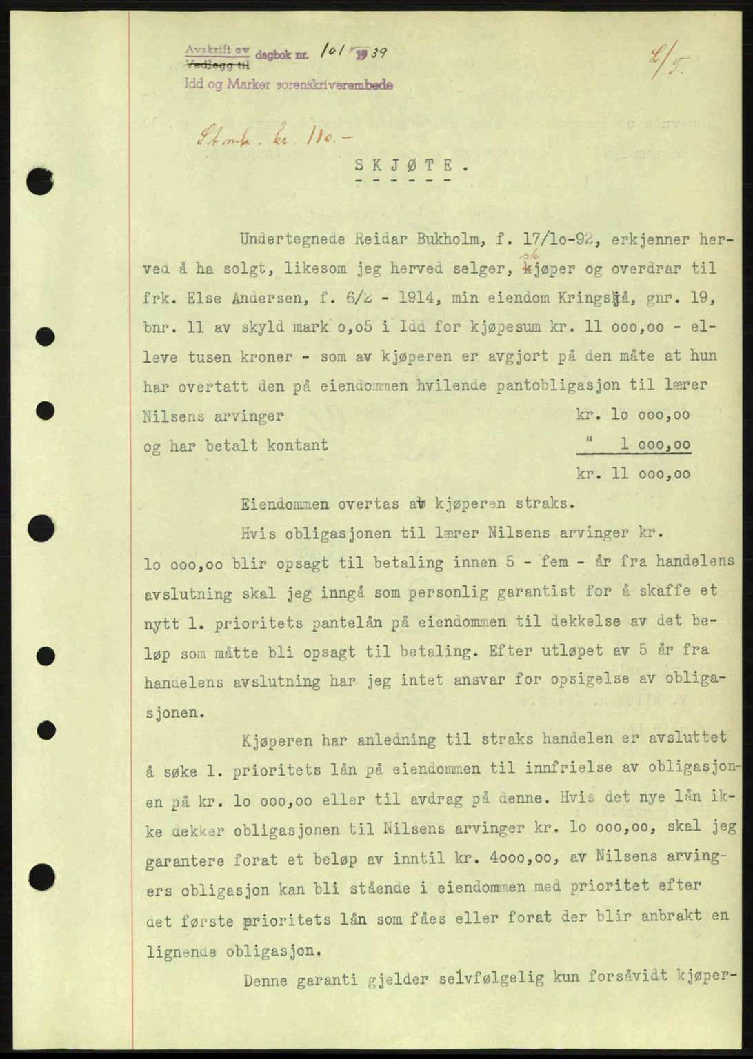 Idd og Marker sorenskriveri, AV/SAO-A-10283/G/Gb/Gbb/L0003: Mortgage book no. A3, 1938-1939, Diary no: : 101/1939