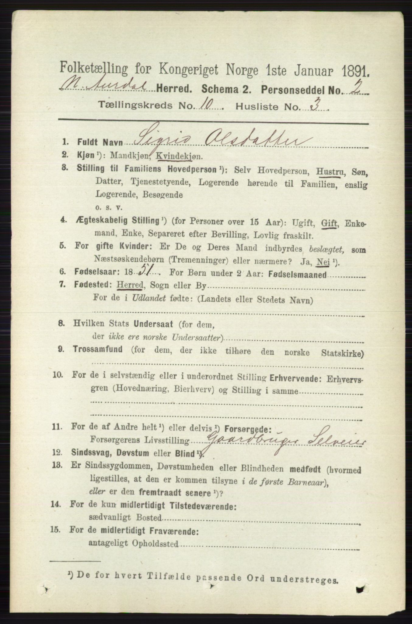 RA, 1891 census for 0542 Nord-Aurdal, 1891, p. 3744