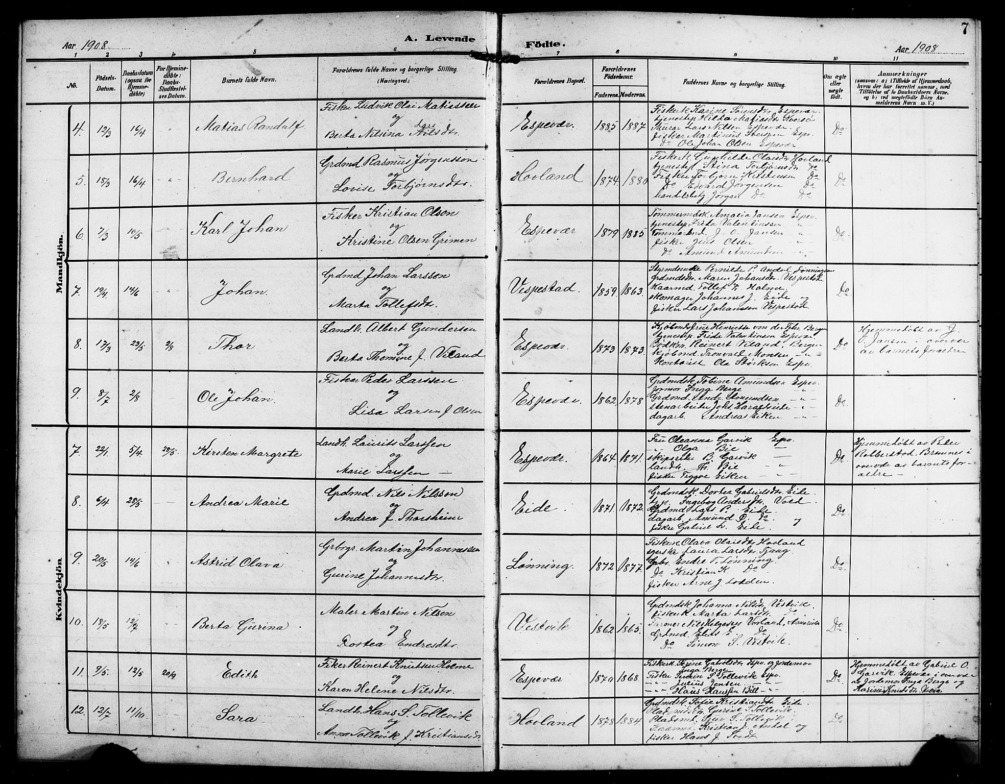 Finnås sokneprestembete, AV/SAB-A-99925/H/Ha/Hab/Habc/L0003: Parish register (copy) no. C 3, 1907-1917, p. 7