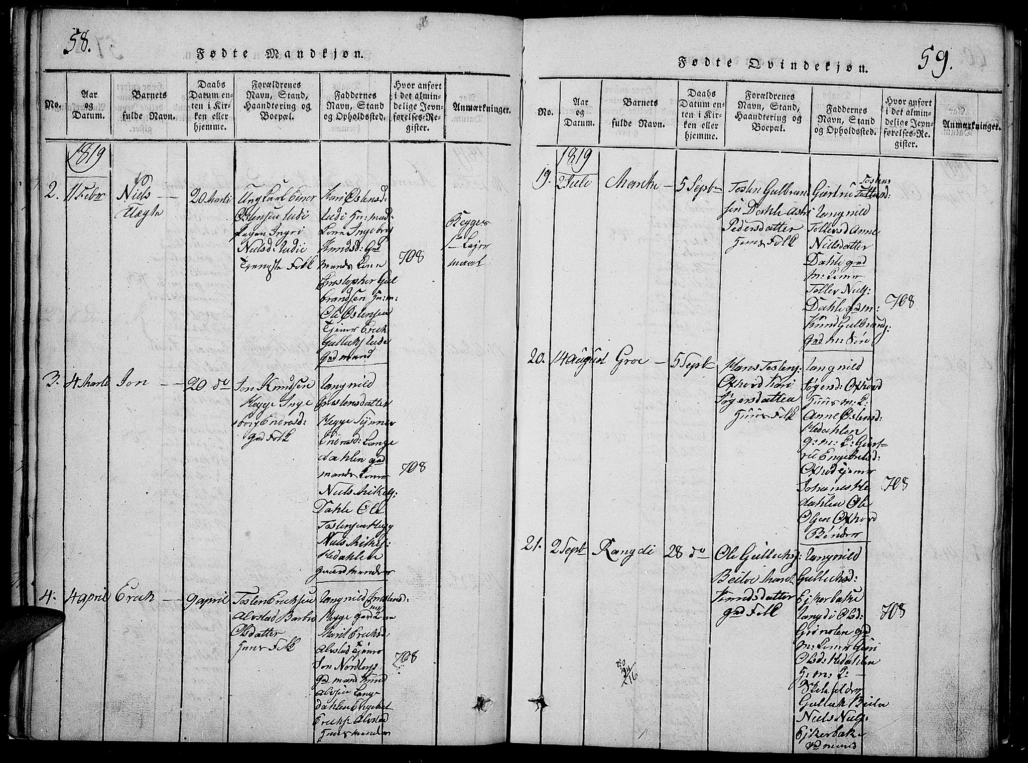 Slidre prestekontor, SAH/PREST-134/H/Ha/Hab/L0002: Parish register (copy) no. 2, 1814-1839, p. 58-59