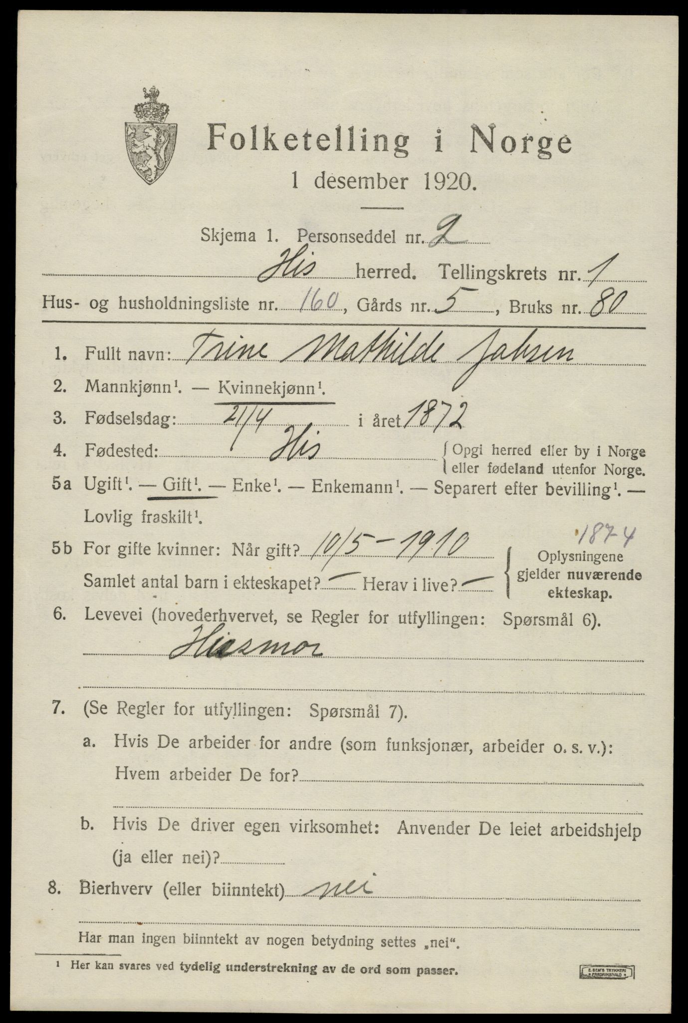 SAK, 1920 census for Hisøy, 1920, p. 2390