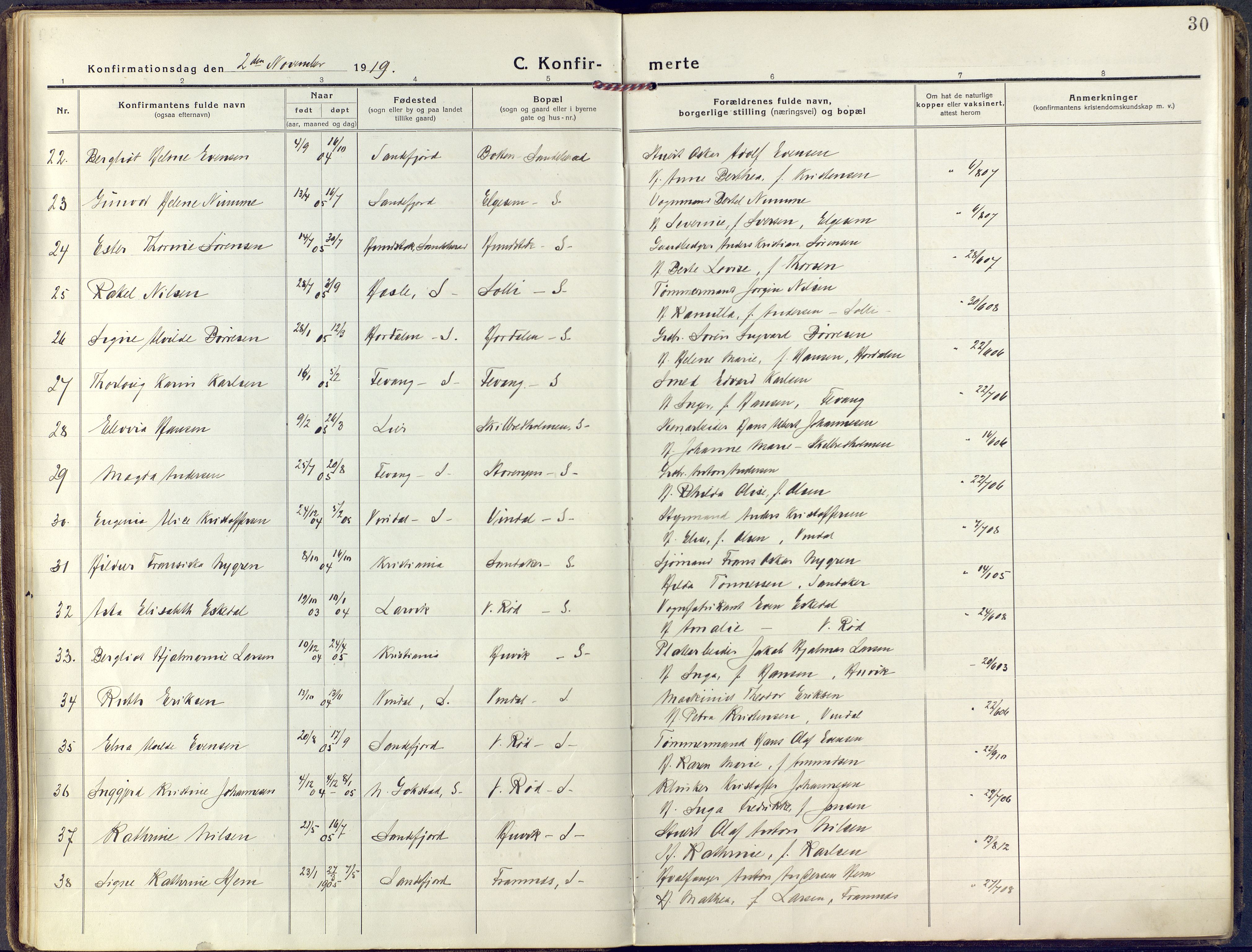 Sandar kirkebøker, SAKO/A-243/F/Fa/L0018: Parish register (official) no. 18, 1917-1926, p. 30