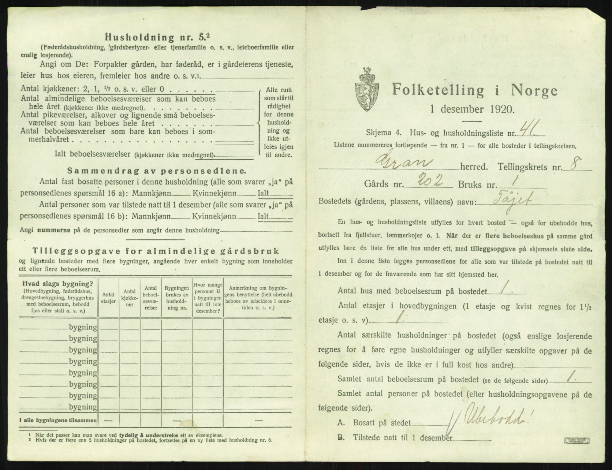 SAH, 1920 census for Gran, 1920, p. 1680