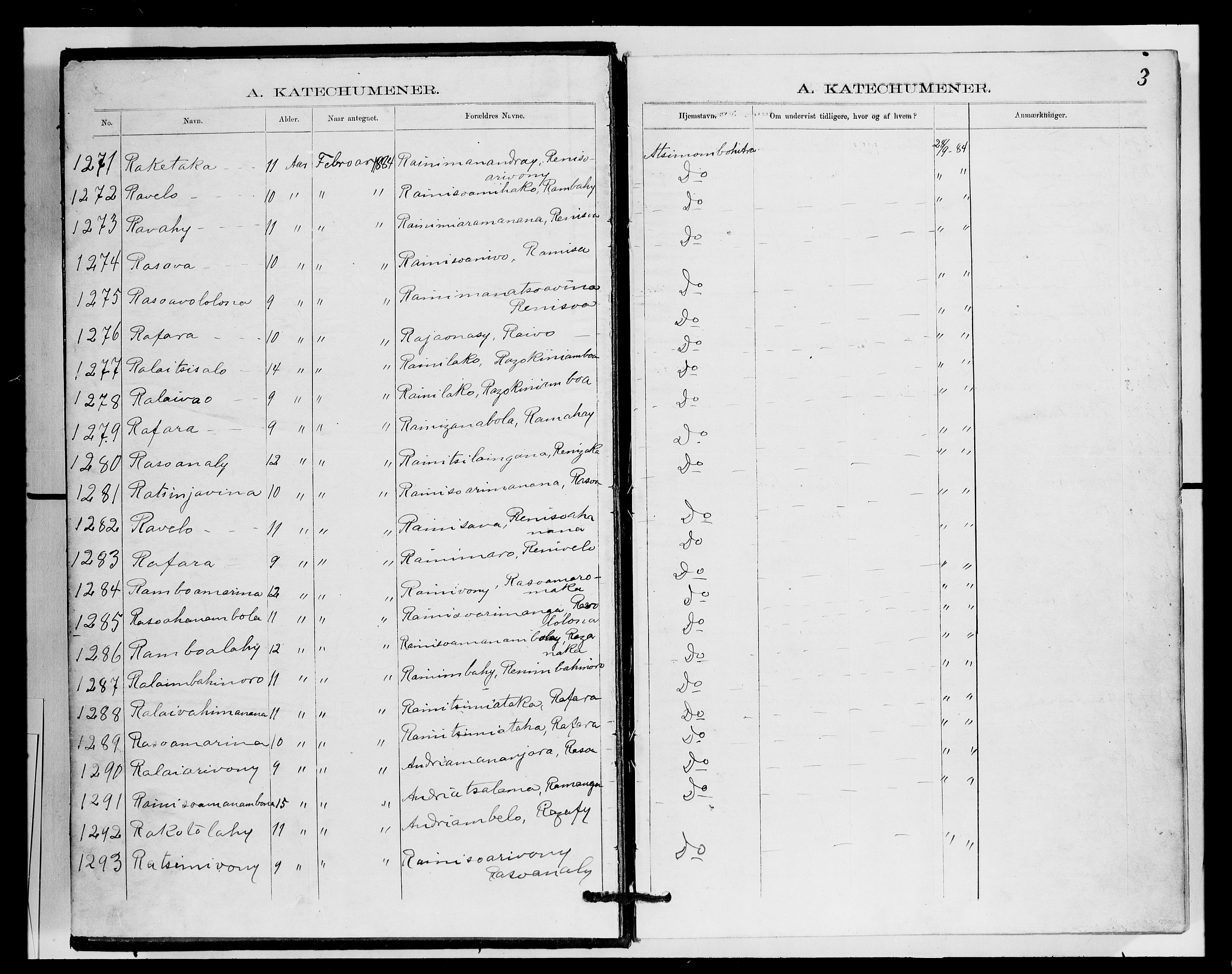 Archives FLM/NMS, Madagaskar, VID/MA-A-1163/D/Db/L0270: Parish register (official) no. 2, 1883-1886, p. 3