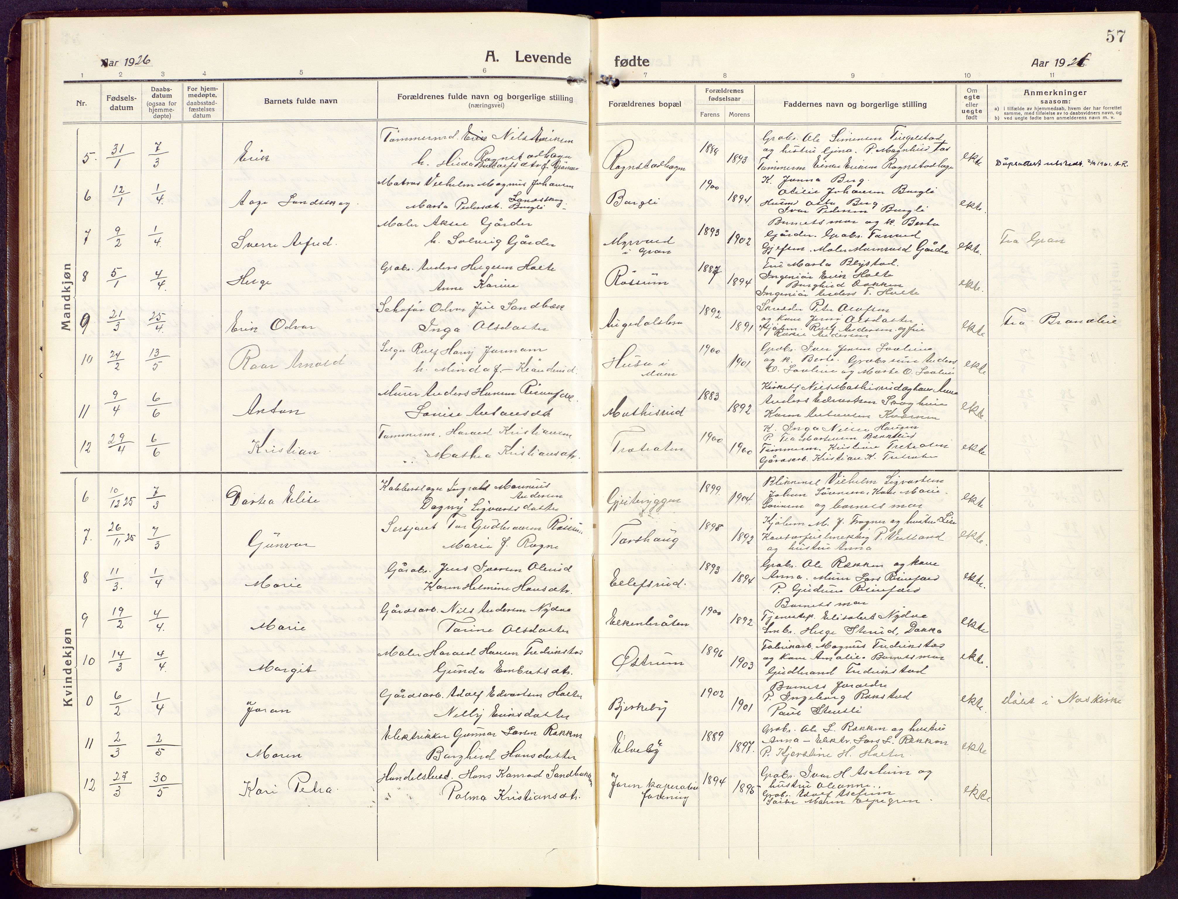 Brandbu prestekontor, SAH/PREST-114/H/Ha/Hab/L0010: Parish register (copy) no. 10, 1916-1930, p. 57