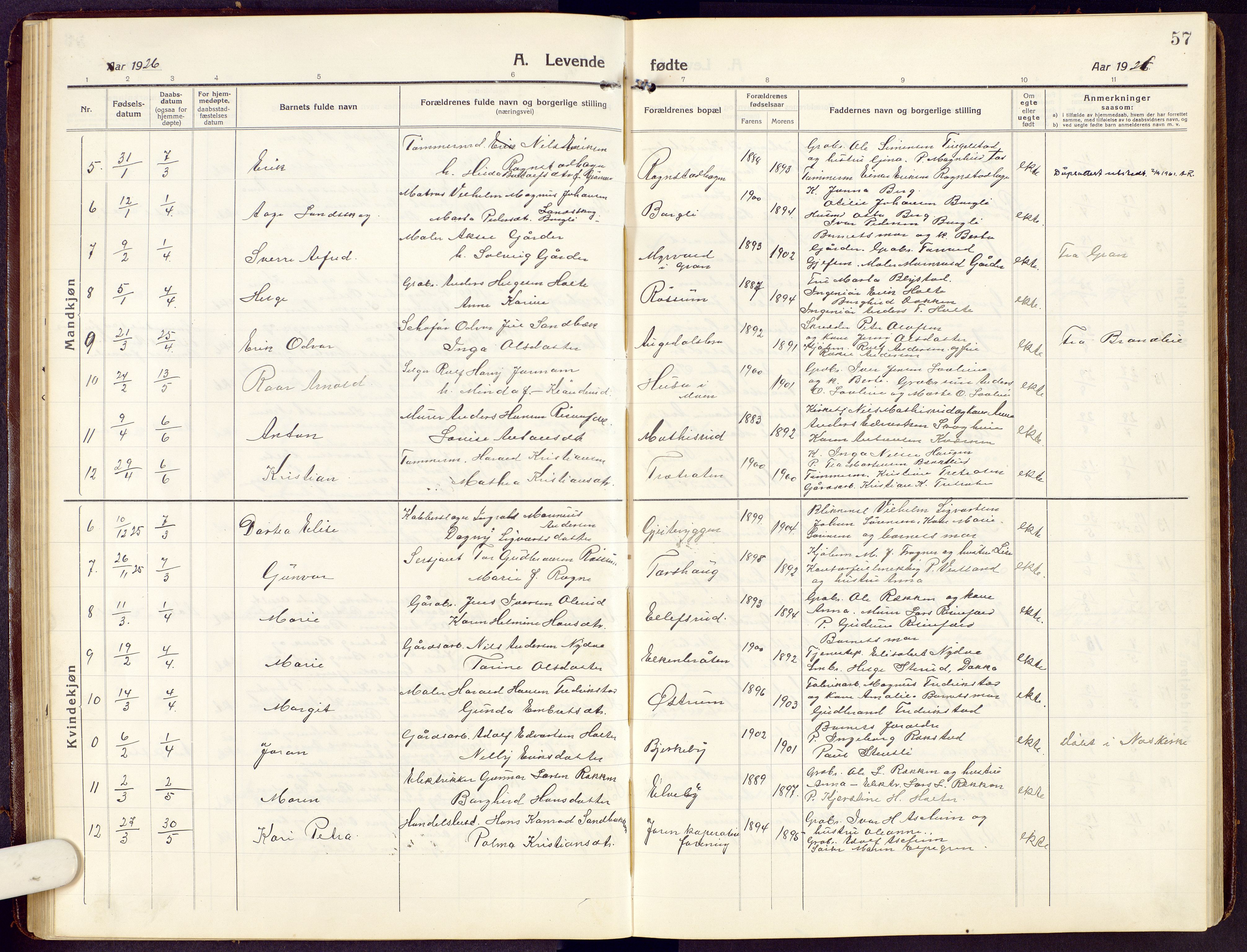 Brandbu prestekontor, AV/SAH-PREST-114/H/Ha/Hab/L0010: Parish register (copy) no. 10, 1916-1930, p. 57