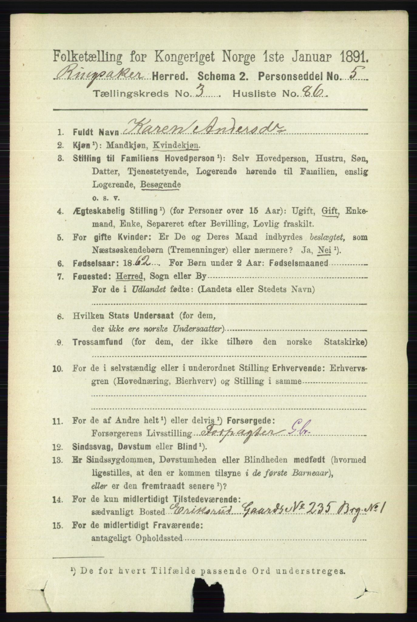 RA, 1891 census for 0412 Ringsaker, 1891, p. 1678