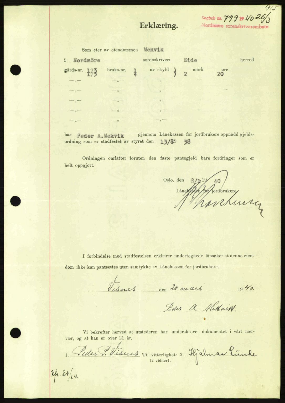 Nordmøre sorenskriveri, AV/SAT-A-4132/1/2/2Ca: Mortgage book no. B86, 1939-1940, Diary no: : 799/1940