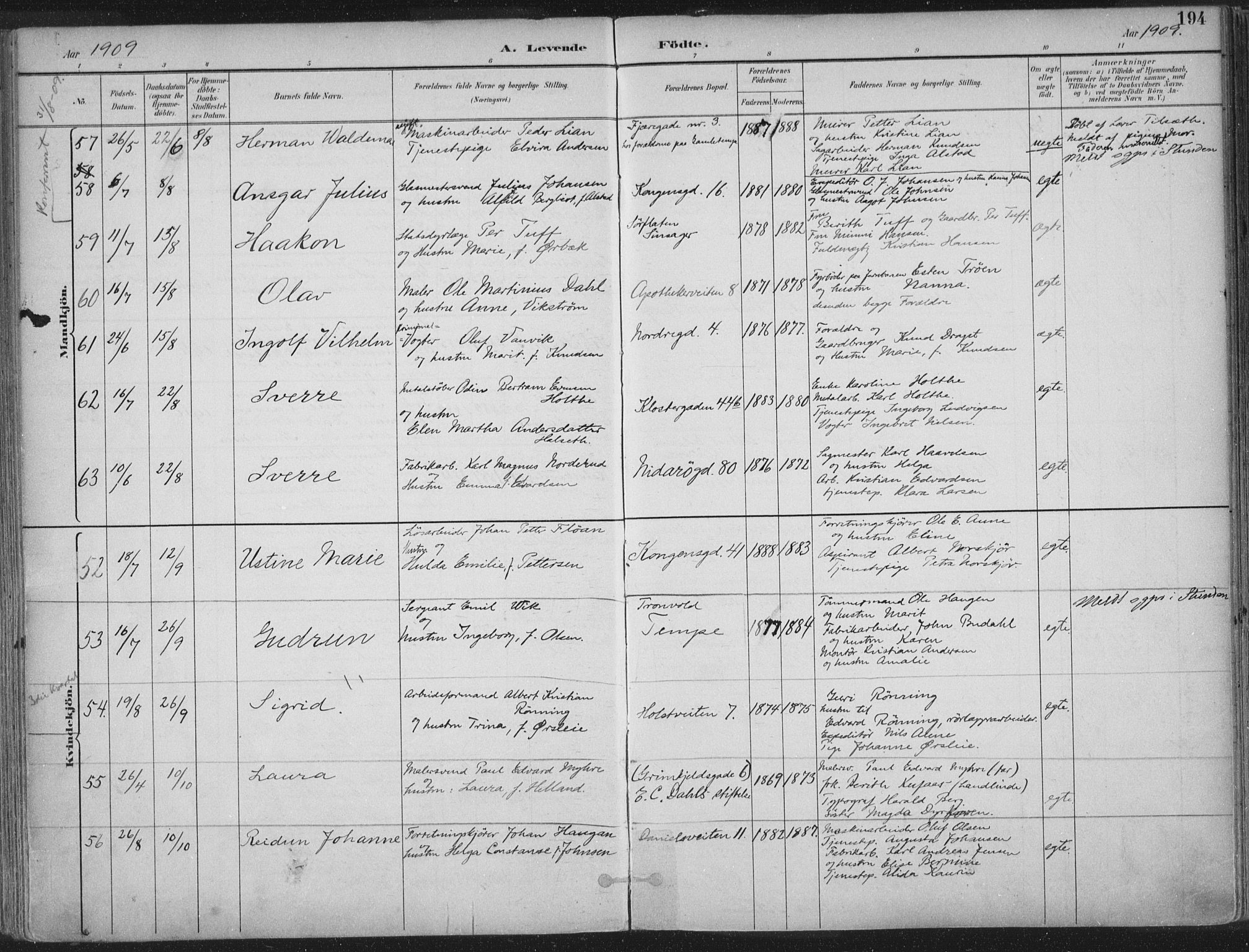 Ministerialprotokoller, klokkerbøker og fødselsregistre - Sør-Trøndelag, SAT/A-1456/601/L0062: Parish register (official) no. 601A30, 1891-1911, p. 194