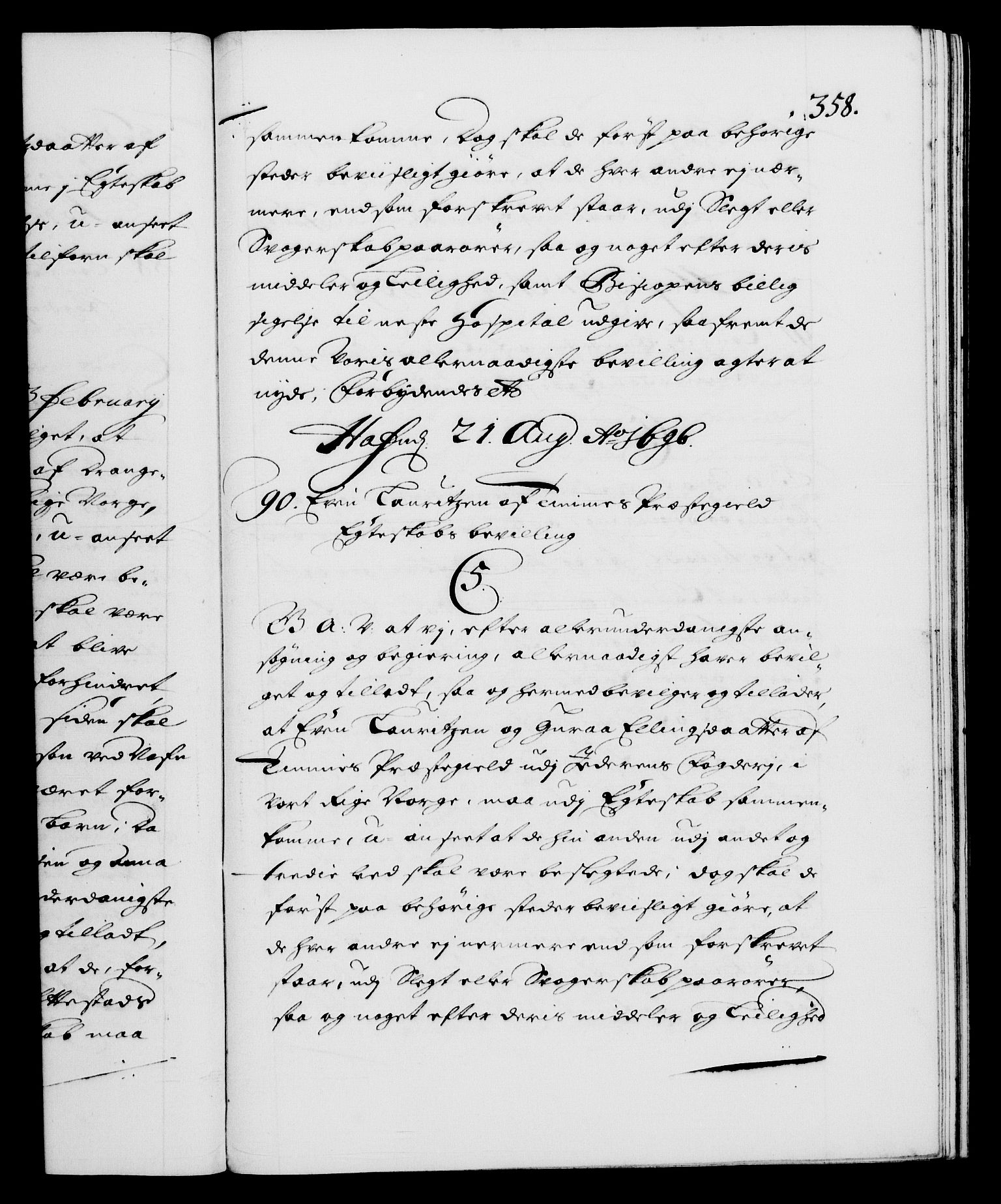 Danske Kanselli 1572-1799, AV/RA-EA-3023/F/Fc/Fca/Fcaa/L0016: Norske registre (mikrofilm), 1692-1697, p. 358a