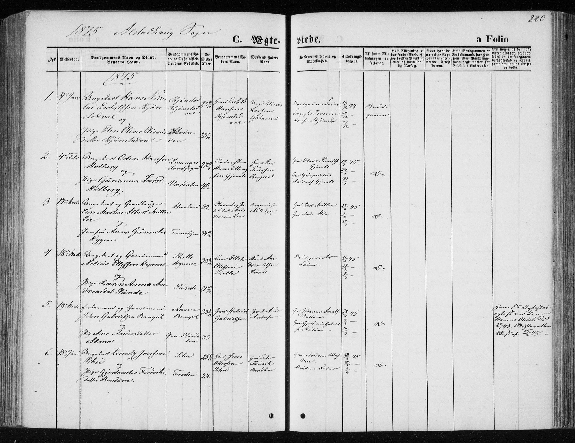 Ministerialprotokoller, klokkerbøker og fødselsregistre - Nord-Trøndelag, SAT/A-1458/717/L0157: Parish register (official) no. 717A08 /1, 1863-1877, p. 280
