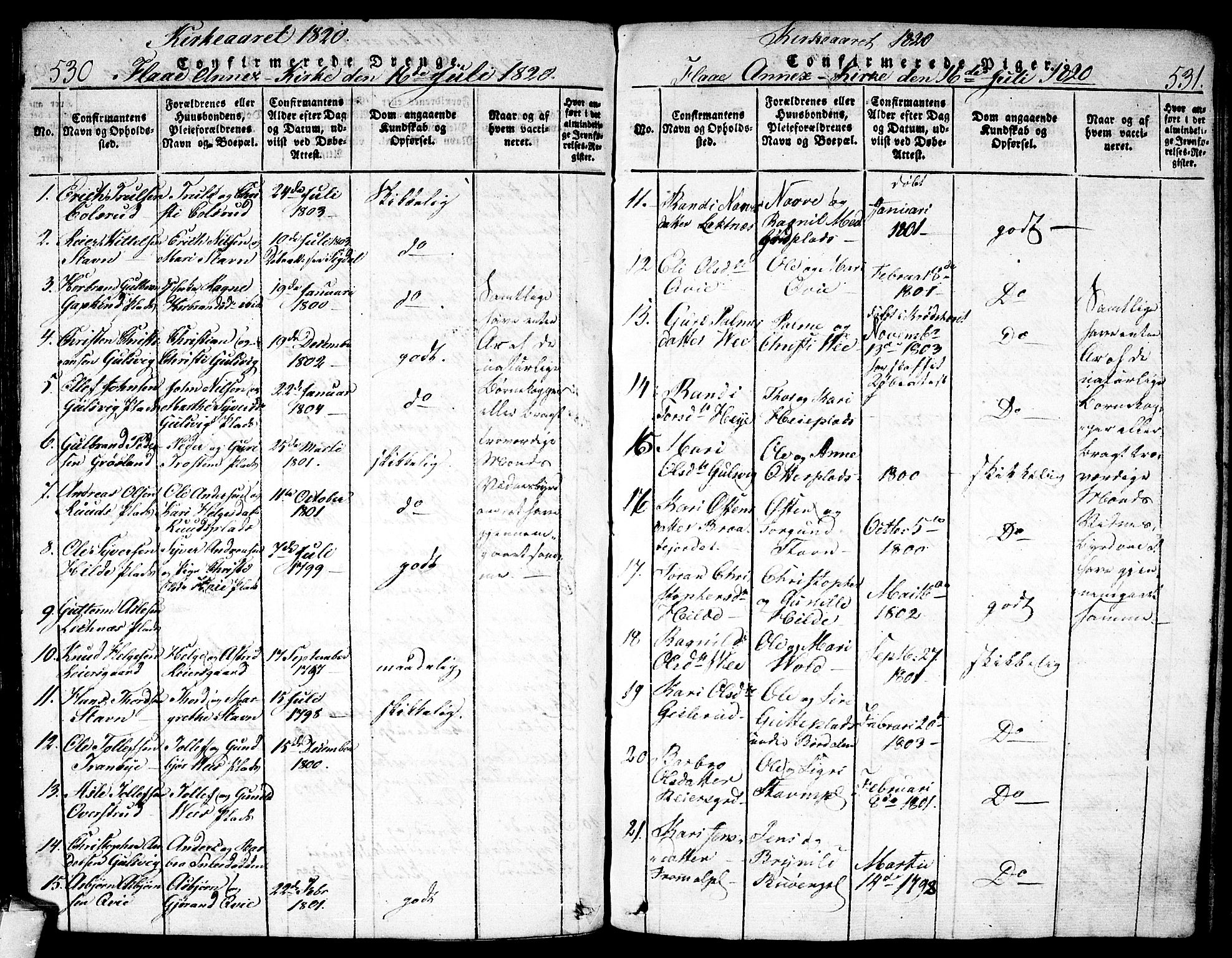 Nes kirkebøker, AV/SAKO-A-236/F/Fa/L0007: Parish register (official) no. 7, 1815-1823, p. 530-531