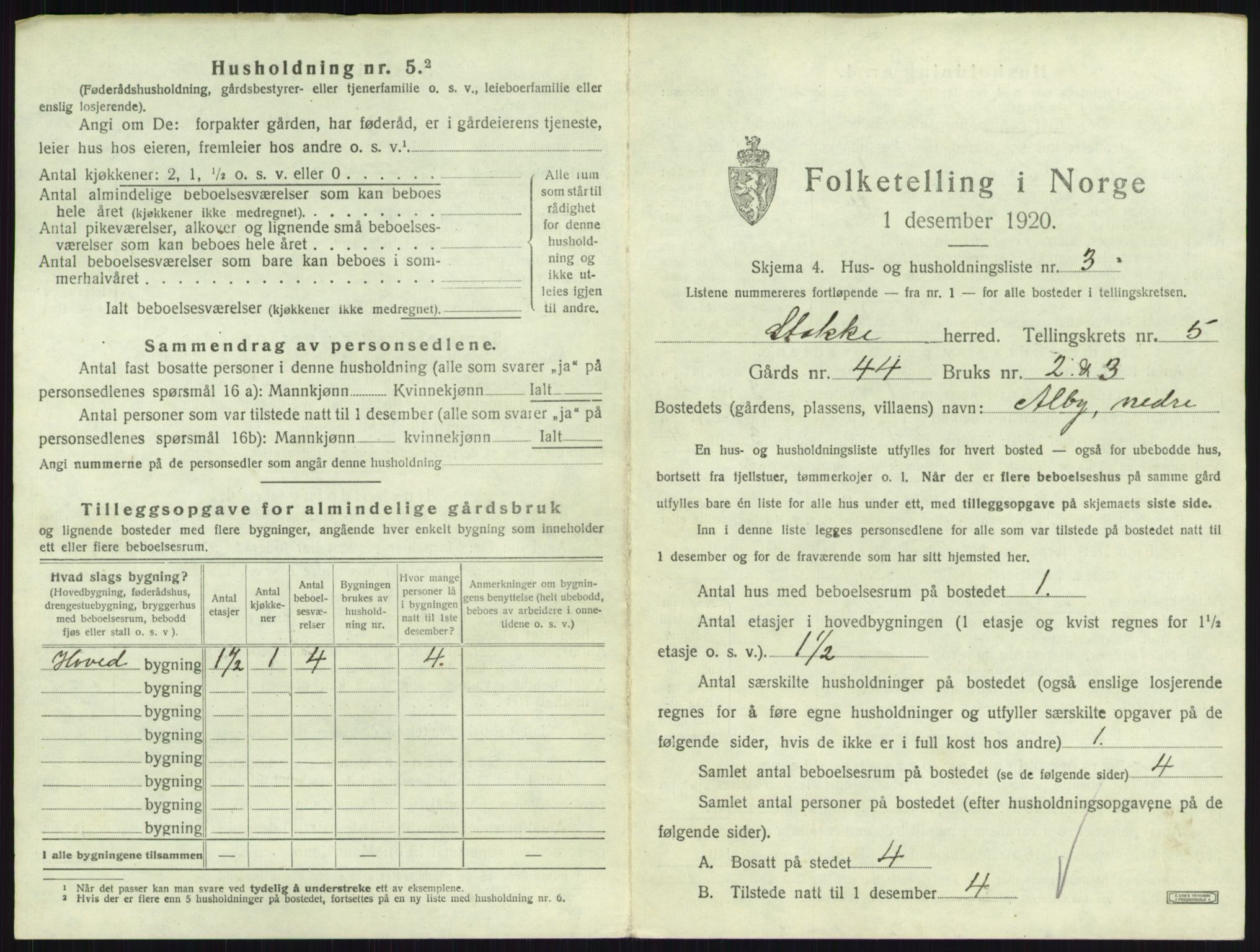 SAKO, 1920 census for Stokke, 1920, p. 987