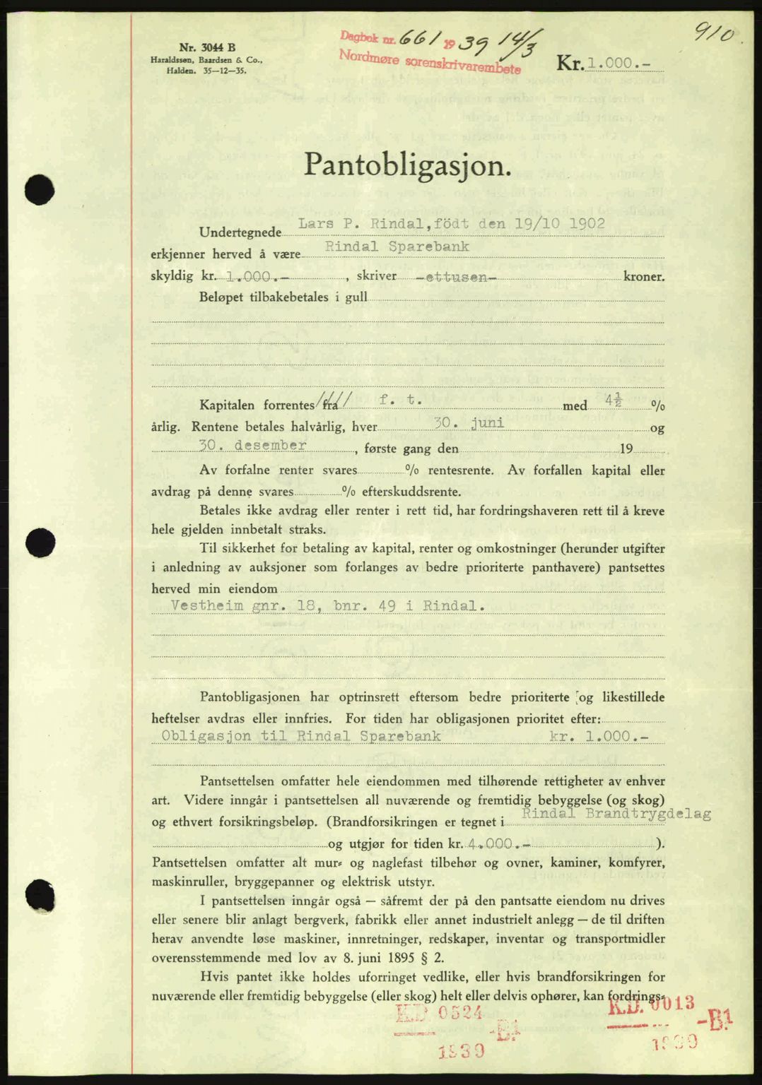 Nordmøre sorenskriveri, SAT/A-4132/1/2/2Ca: Mortgage book no. B84, 1938-1939, Diary no: : 661/1939