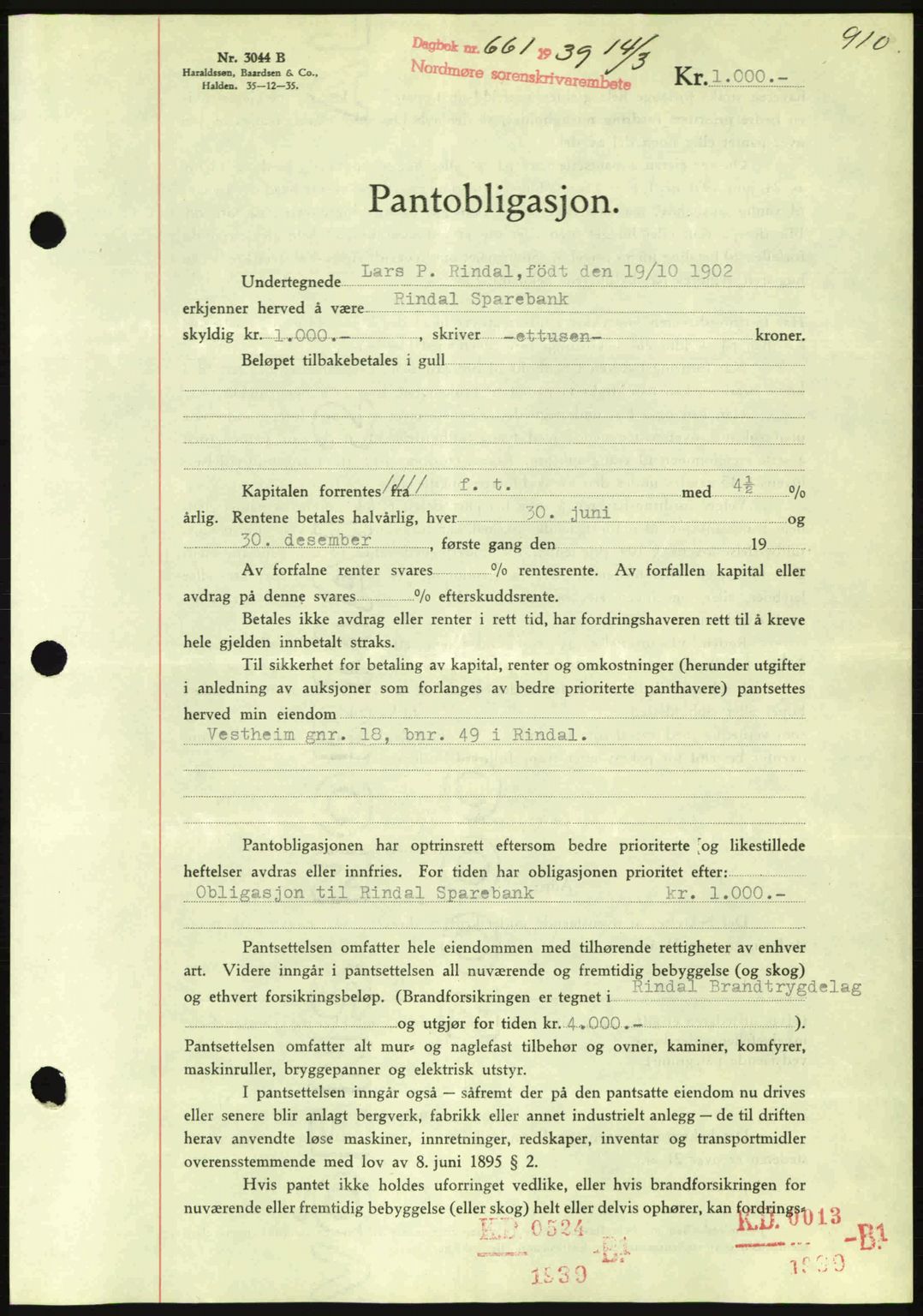 Nordmøre sorenskriveri, AV/SAT-A-4132/1/2/2Ca: Mortgage book no. B84, 1938-1939, Diary no: : 661/1939