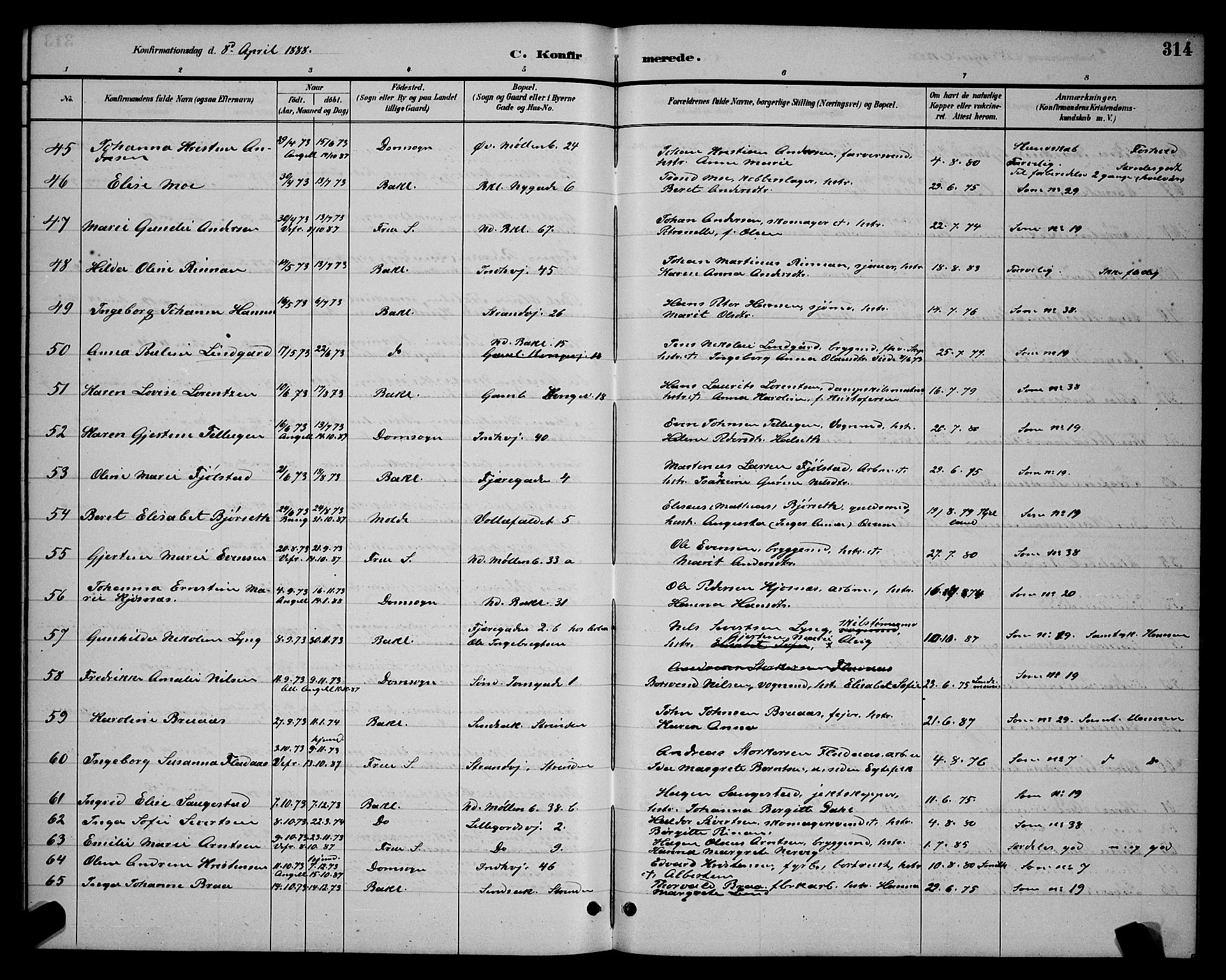 Ministerialprotokoller, klokkerbøker og fødselsregistre - Sør-Trøndelag, AV/SAT-A-1456/604/L0222: Parish register (copy) no. 604C05, 1886-1895, p. 314