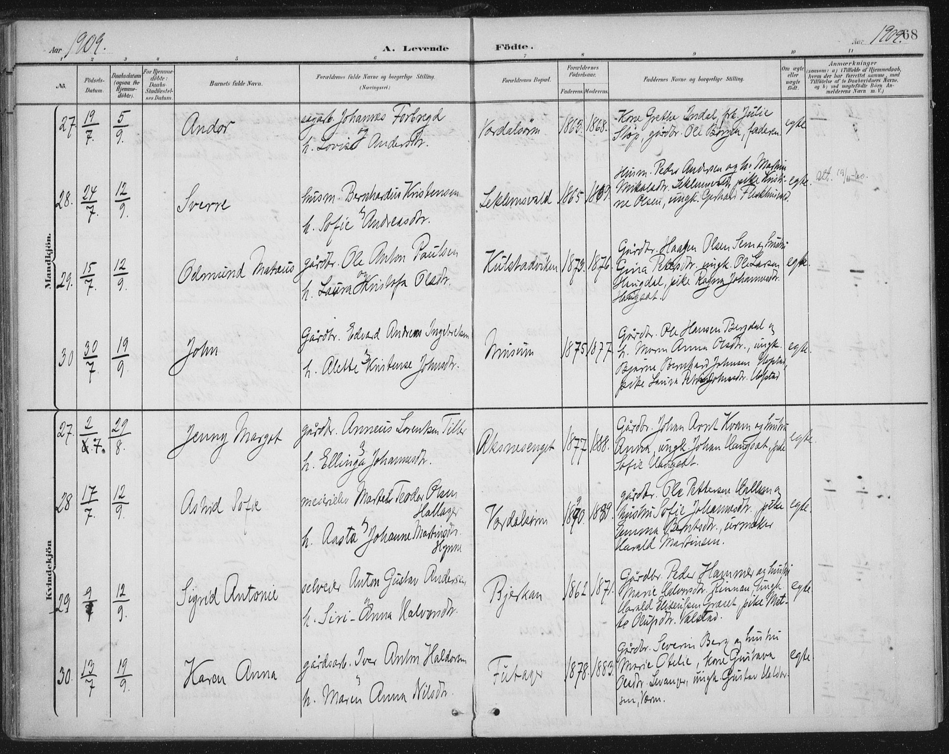 Ministerialprotokoller, klokkerbøker og fødselsregistre - Nord-Trøndelag, AV/SAT-A-1458/723/L0246: Parish register (official) no. 723A15, 1900-1917, p. 68