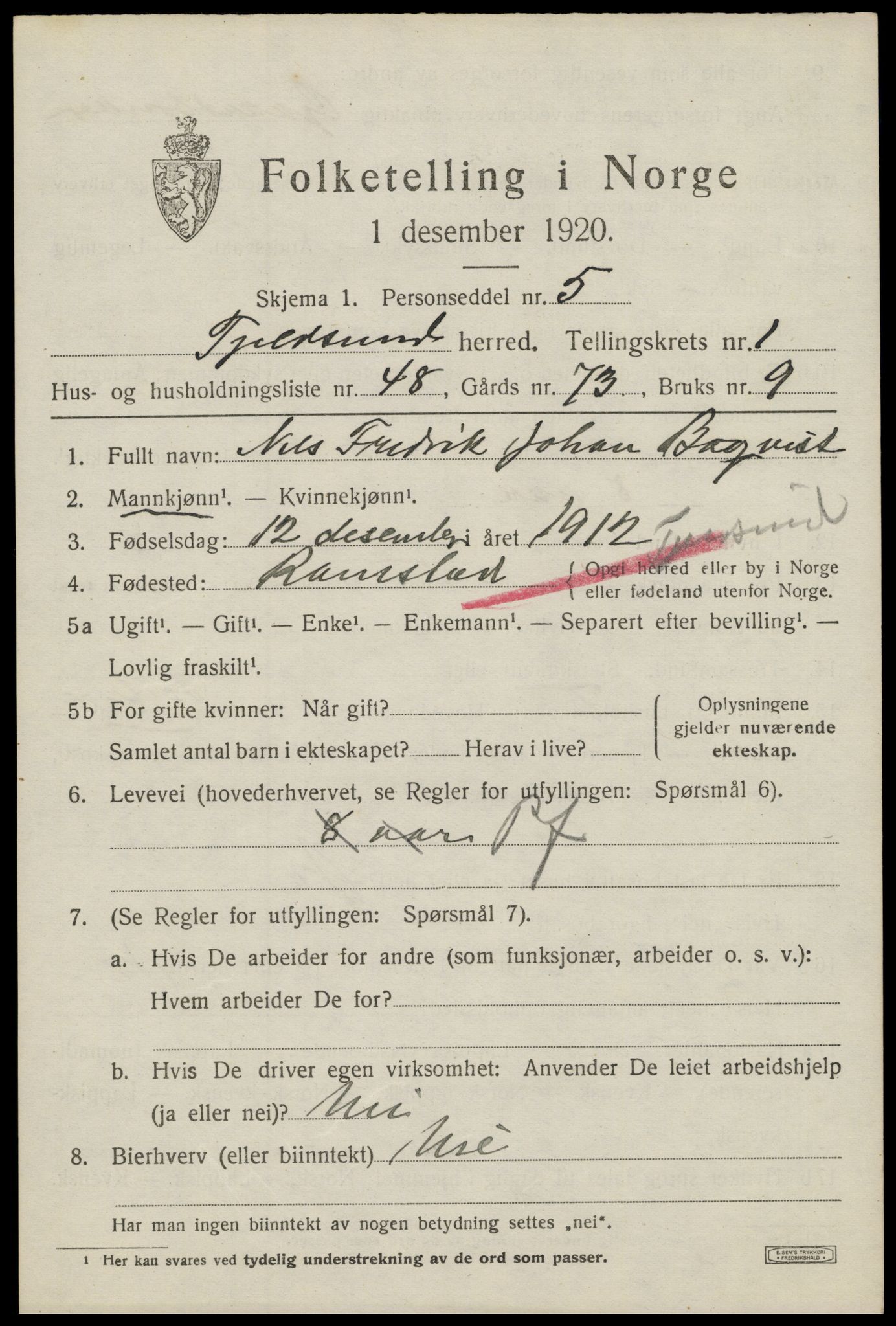 SAT, 1920 census for Tjeldsund, 1920, p. 1144