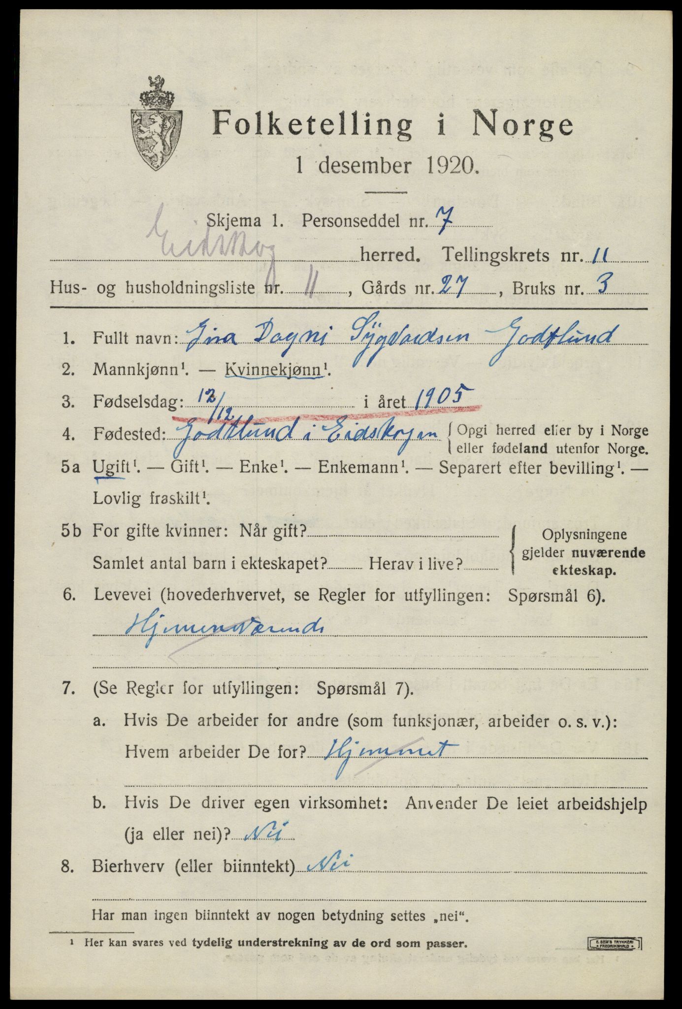 SAH, 1920 census for Eidskog, 1920, p. 11717