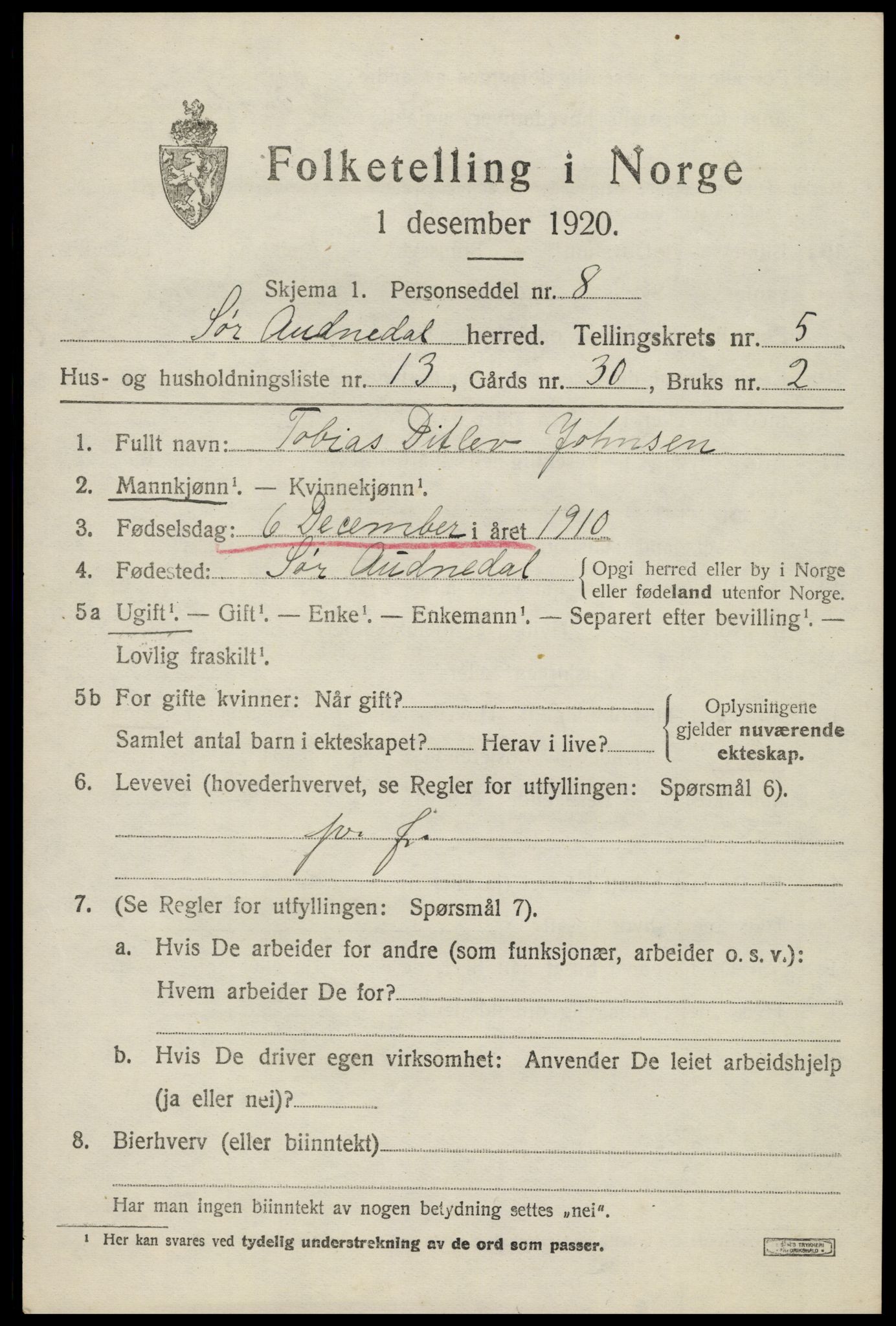SAK, 1920 census for Sør-Audnedal, 1920, p. 2645