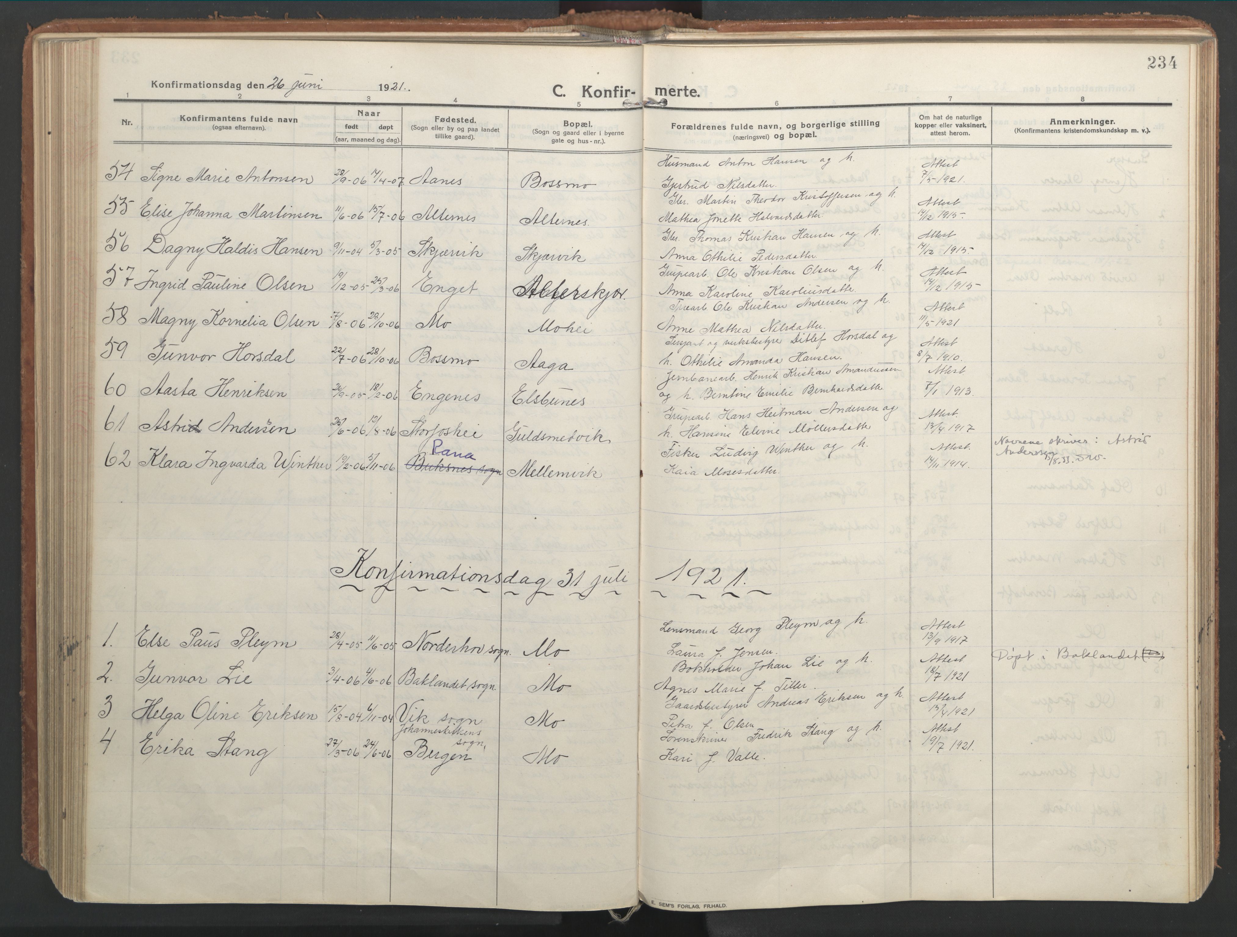 Ministerialprotokoller, klokkerbøker og fødselsregistre - Nordland, SAT/A-1459/827/L0404: Parish register (official) no. 827A16, 1912-1925, p. 234