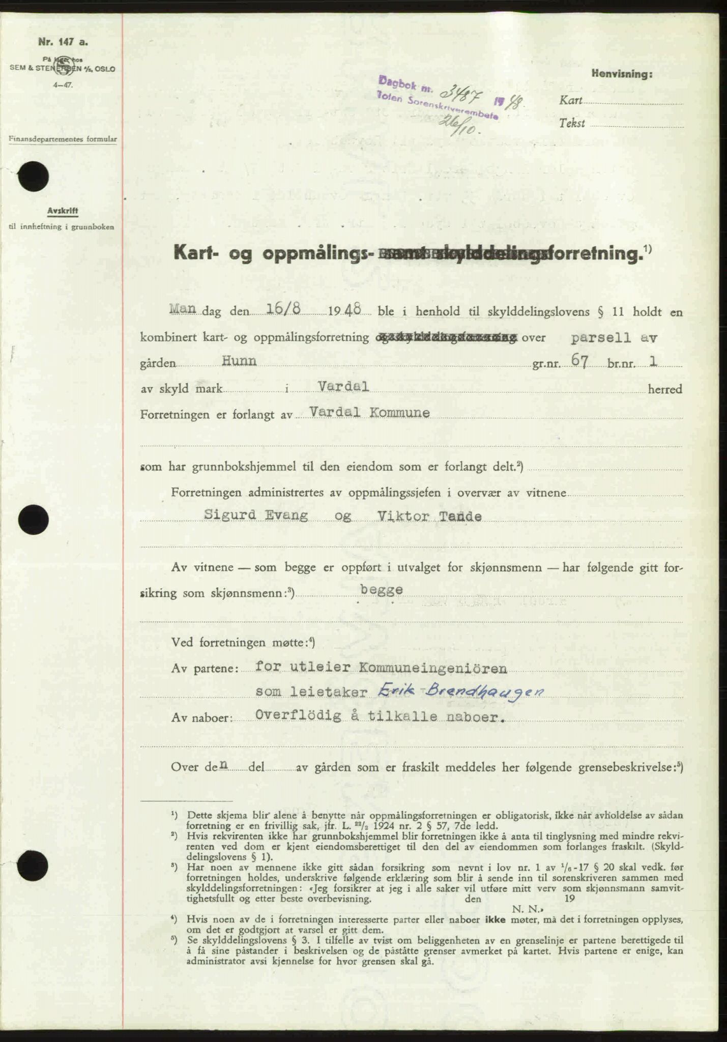 Toten tingrett, SAH/TING-006/H/Hb/Hbc/L0020: Mortgage book no. Hbc-20, 1948-1948, Diary no: : 3487/1948