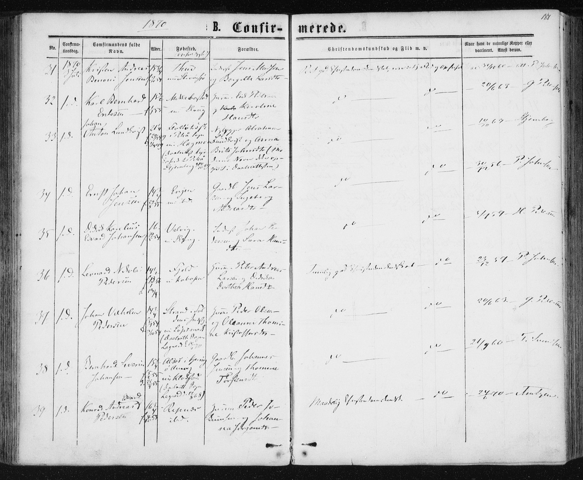 Ministerialprotokoller, klokkerbøker og fødselsregistre - Nordland, AV/SAT-A-1459/801/L0008: Parish register (official) no. 801A08, 1864-1875, p. 188