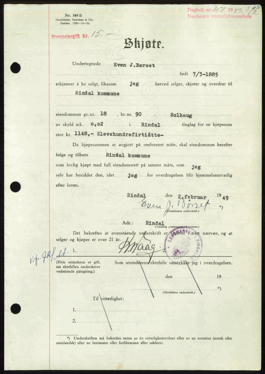 Nordmøre sorenskriveri, AV/SAT-A-4132/1/2/2Ca: Mortgage book no. A110, 1948-1949, Diary no: : 307/1949