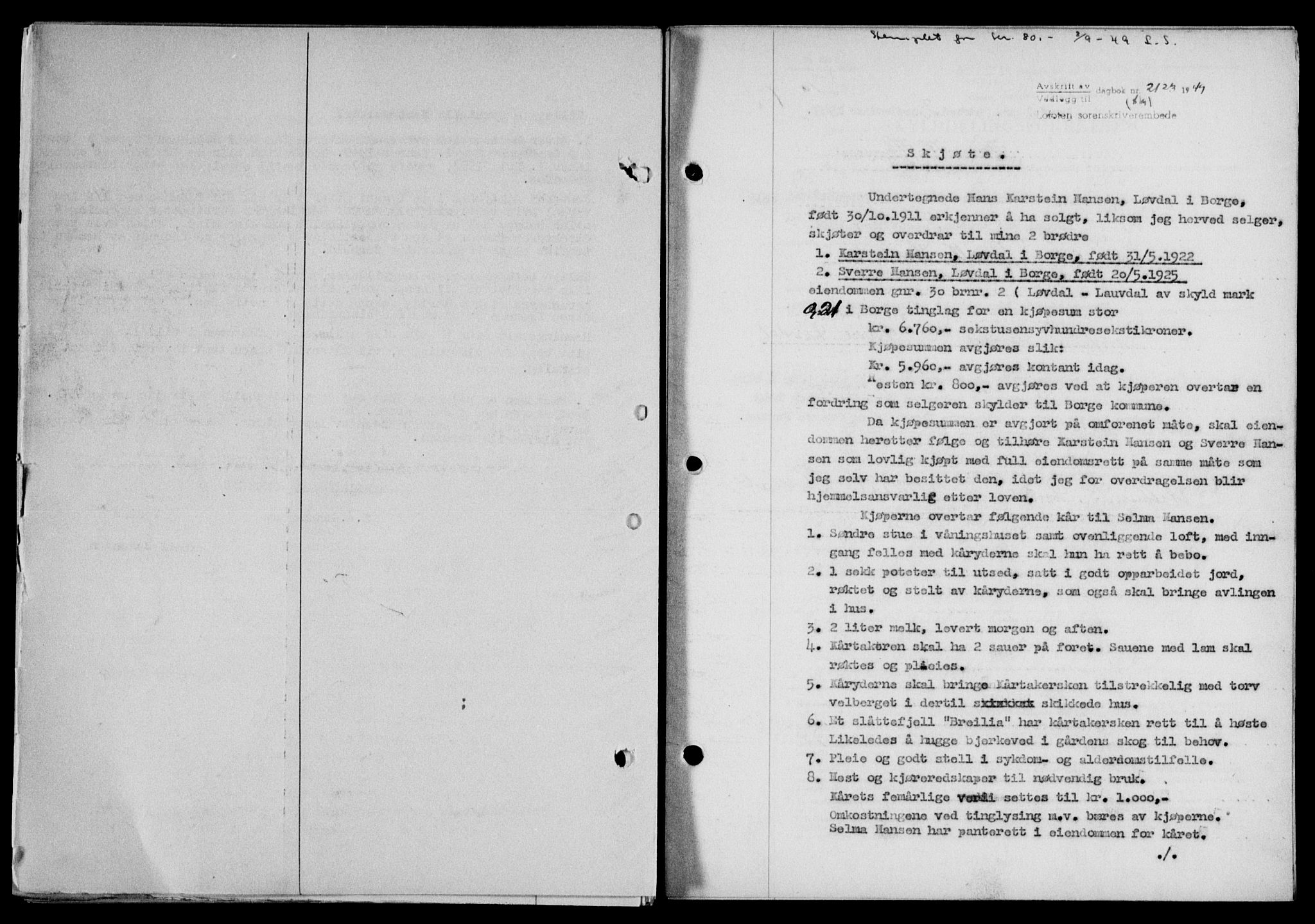 Lofoten sorenskriveri, SAT/A-0017/1/2/2C/L0021a: Mortgage book no. 21a, 1949-1949, Diary no: : 2123/1949