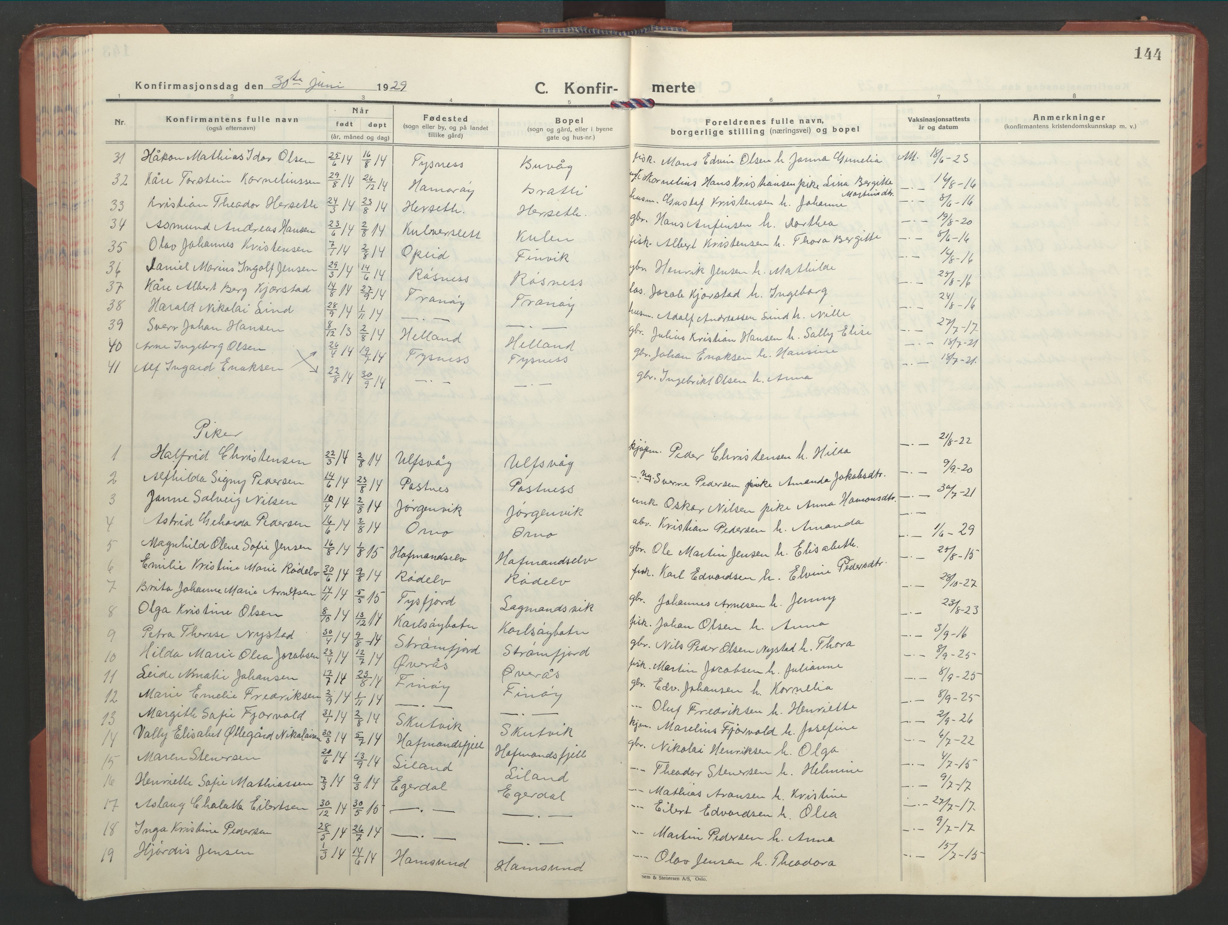 Ministerialprotokoller, klokkerbøker og fødselsregistre - Nordland, AV/SAT-A-1459/859/L0862: Parish register (copy) no. 859C08, 1925-1936, p. 144