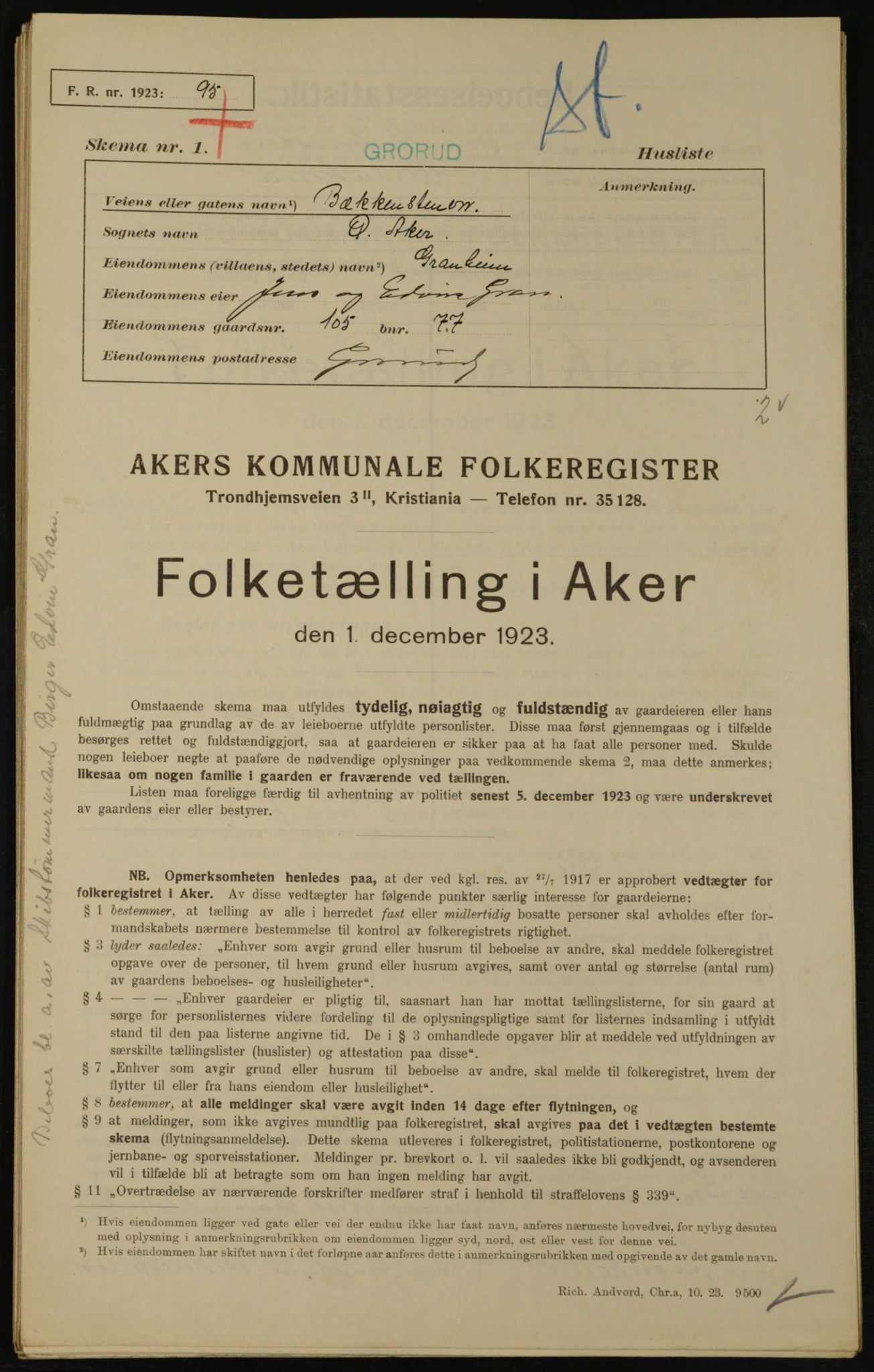 , Municipal Census 1923 for Aker, 1923, p. 22804