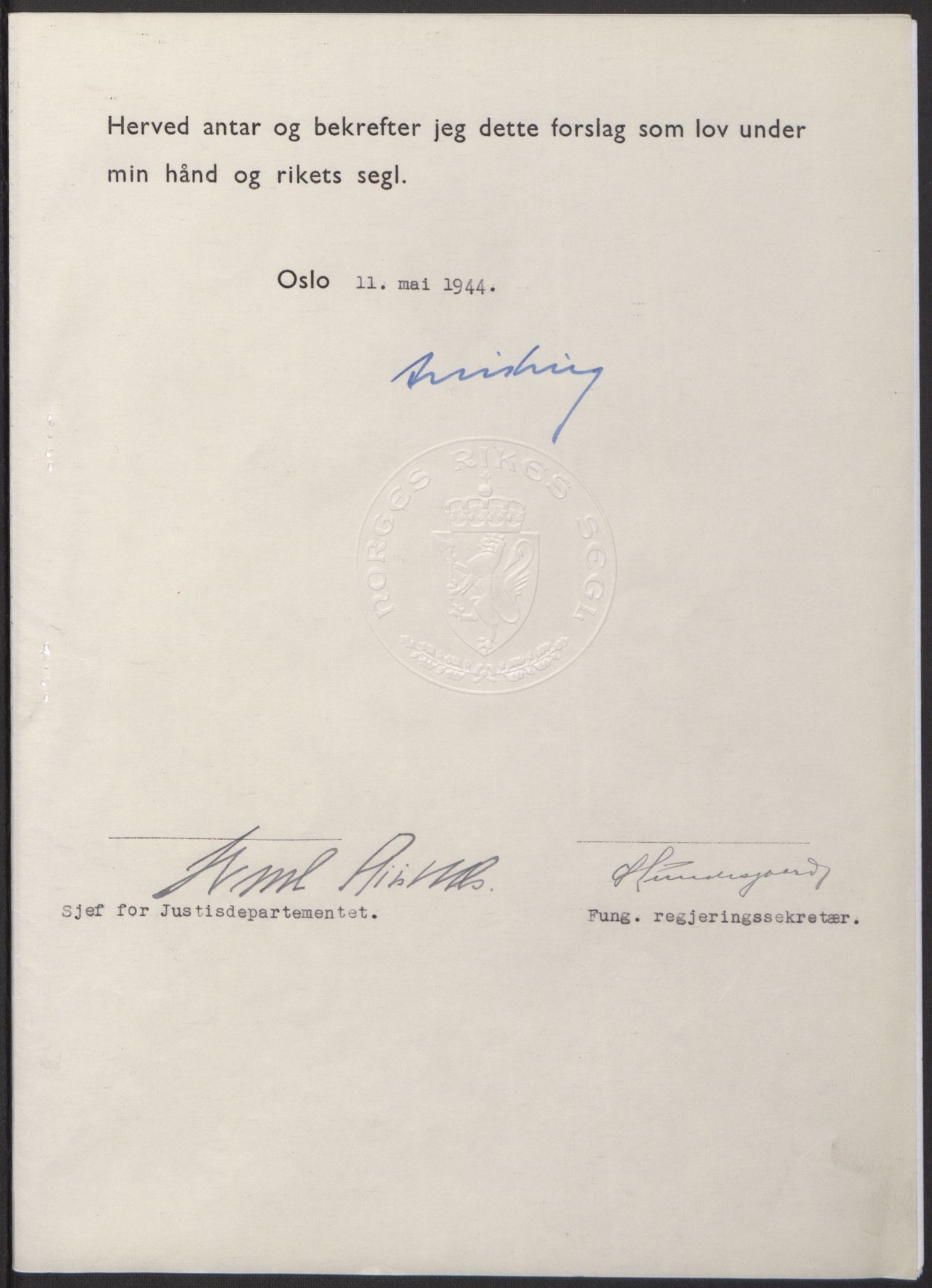 NS-administrasjonen 1940-1945 (Statsrådsekretariatet, de kommisariske statsråder mm), AV/RA-S-4279/D/Db/L0100: Lover, 1944, p. 225