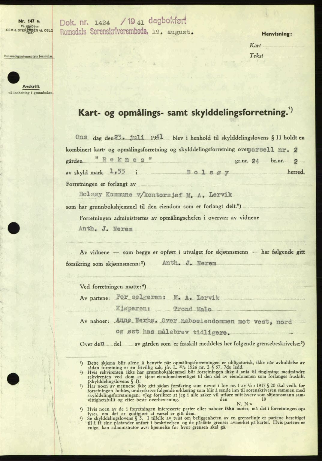 Romsdal sorenskriveri, AV/SAT-A-4149/1/2/2C: Mortgage book no. A10, 1941-1941, Diary no: : 1424/1941