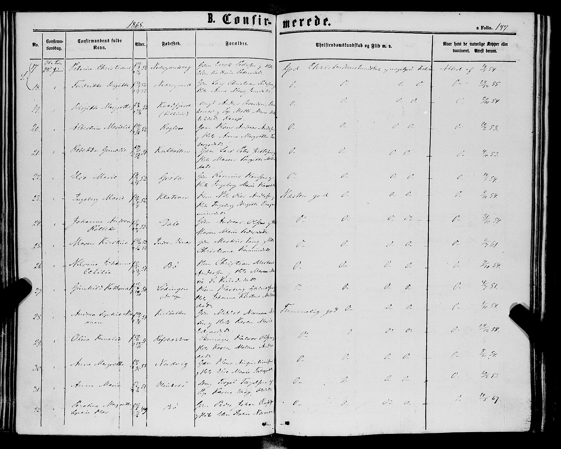 Trondenes sokneprestkontor, AV/SATØ-S-1319/H/Ha/L0012kirke: Parish register (official) no. 12, 1863-1870, p. 147