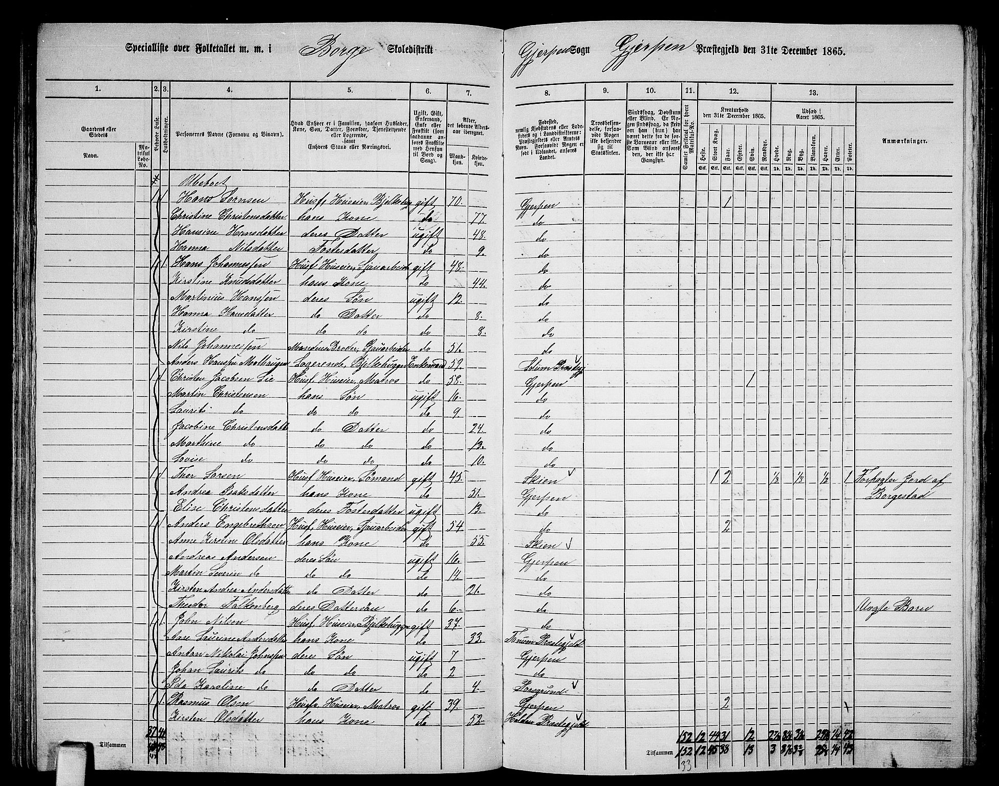 RA, 1865 census for Gjerpen, 1865, p. 145