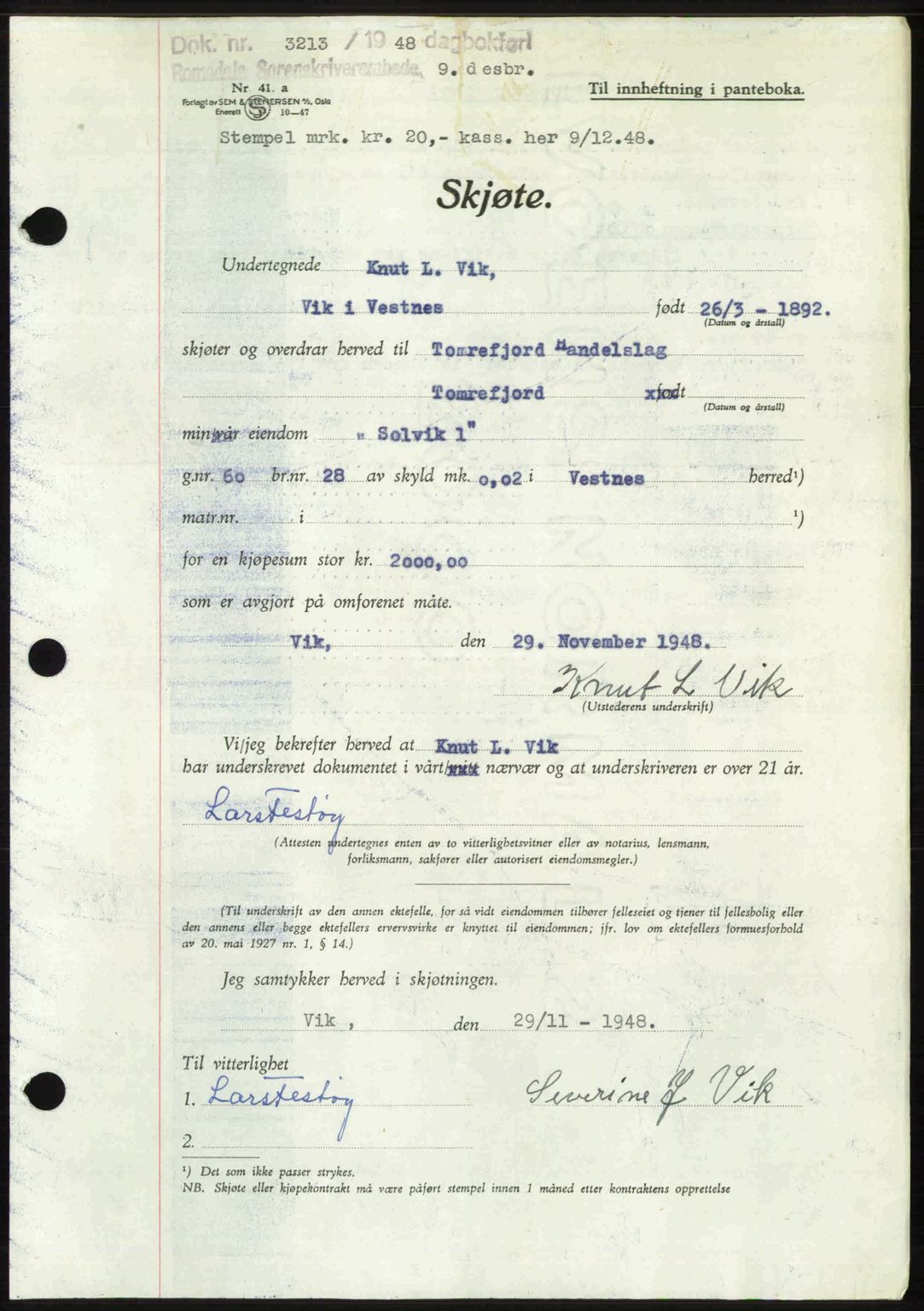 Romsdal sorenskriveri, AV/SAT-A-4149/1/2/2C: Mortgage book no. A28, 1948-1949, Diary no: : 3213/1948