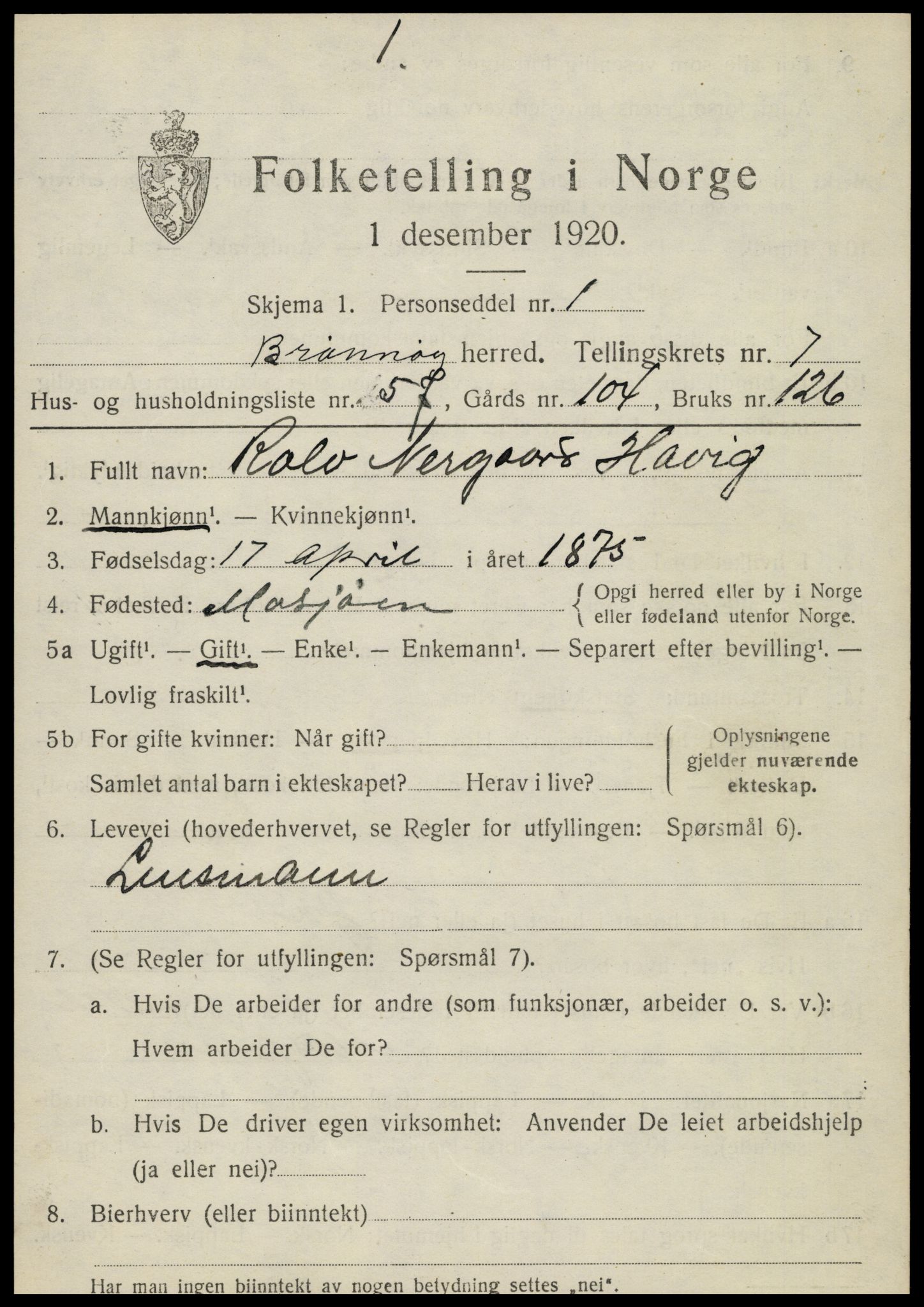 SAT, 1920 census for Brønnøy, 1920, p. 5858