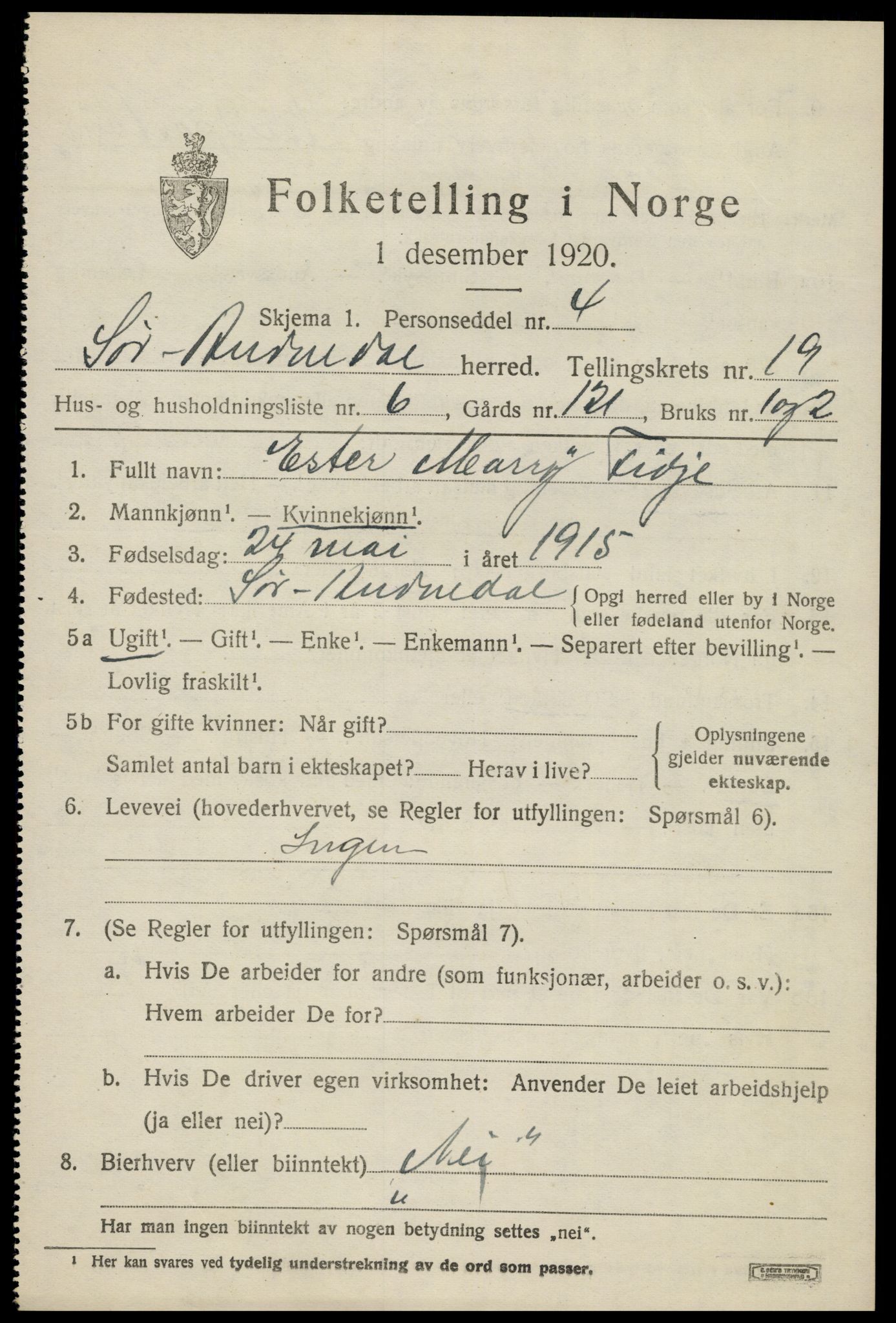 SAK, 1920 census for Sør-Audnedal, 1920, p. 6643