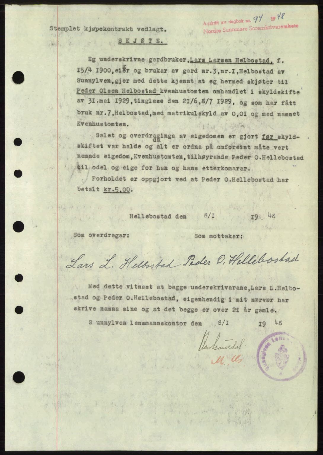 Nordre Sunnmøre sorenskriveri, AV/SAT-A-0006/1/2/2C/2Ca: Mortgage book no. A26, 1947-1948, Diary no: : 94/1948