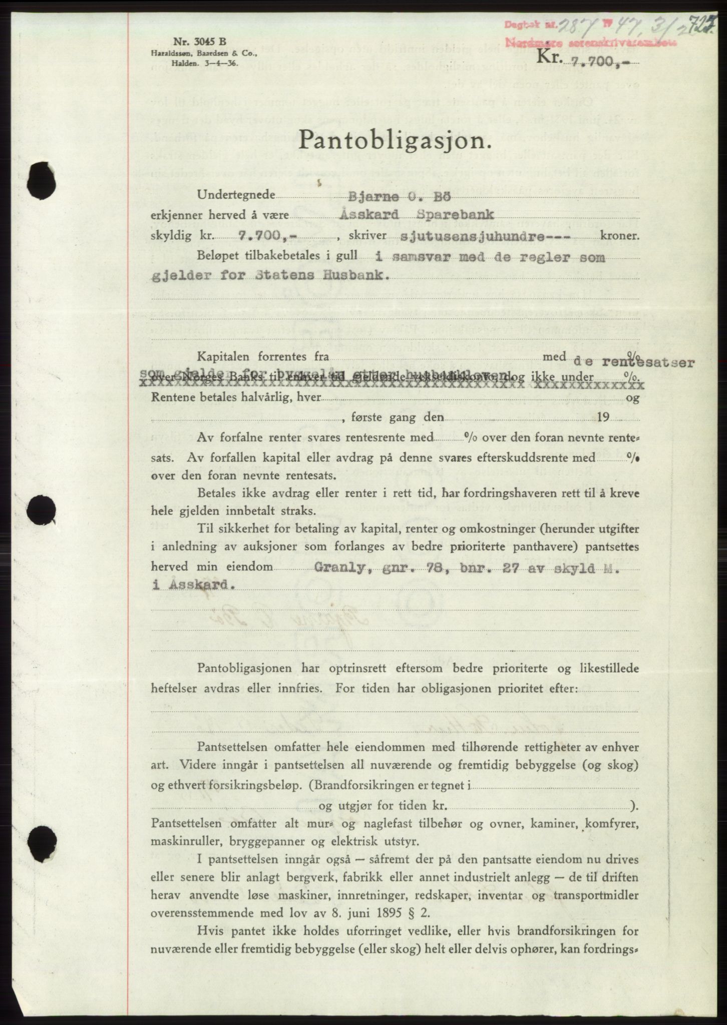 Nordmøre sorenskriveri, AV/SAT-A-4132/1/2/2Ca: Mortgage book no. B95, 1946-1947, Diary no: : 287/1947