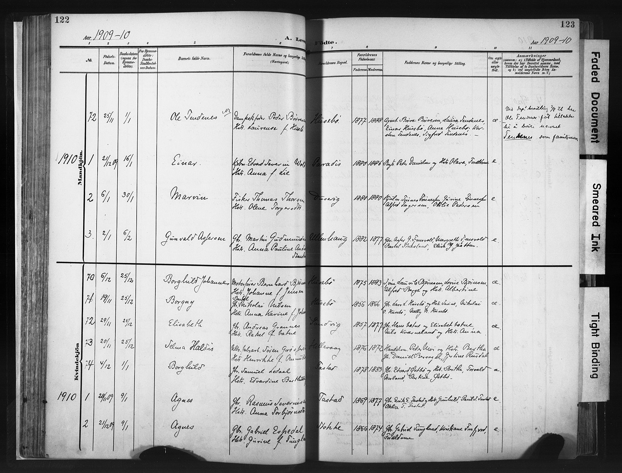 Hetland sokneprestkontor, SAST/A-101826/30/30BA/L0013: Parish register (official) no. A 13, 1904-1918, p. 122-123