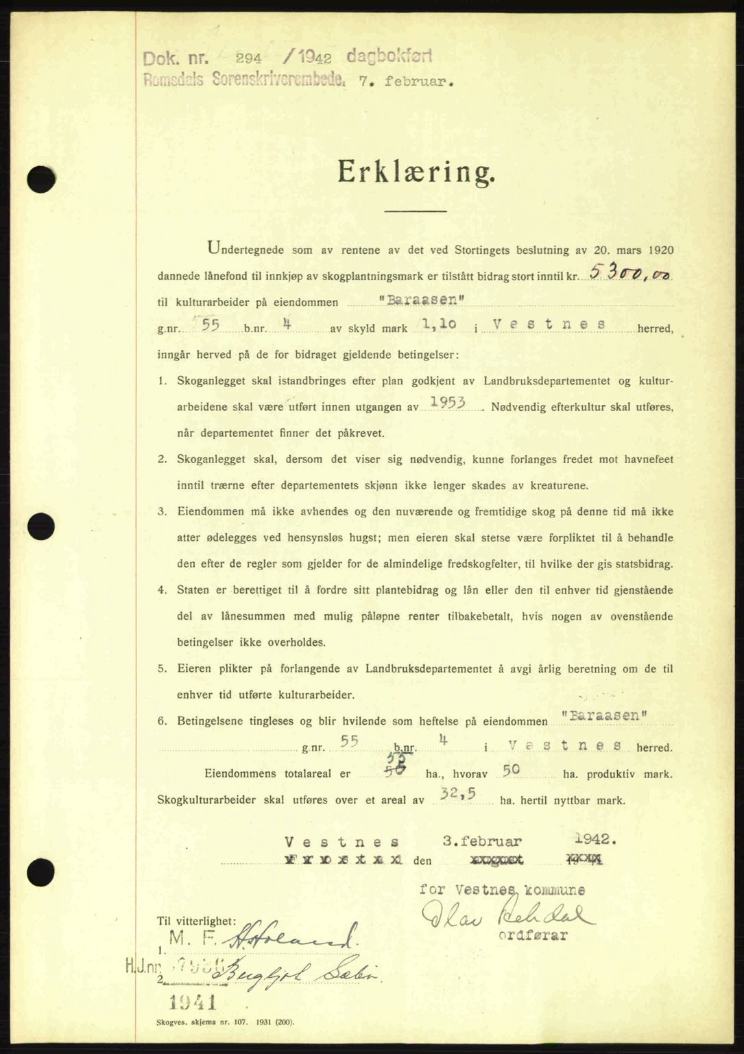 Romsdal sorenskriveri, AV/SAT-A-4149/1/2/2C: Mortgage book no. B2, 1939-1945, Diary no: : 294/1942