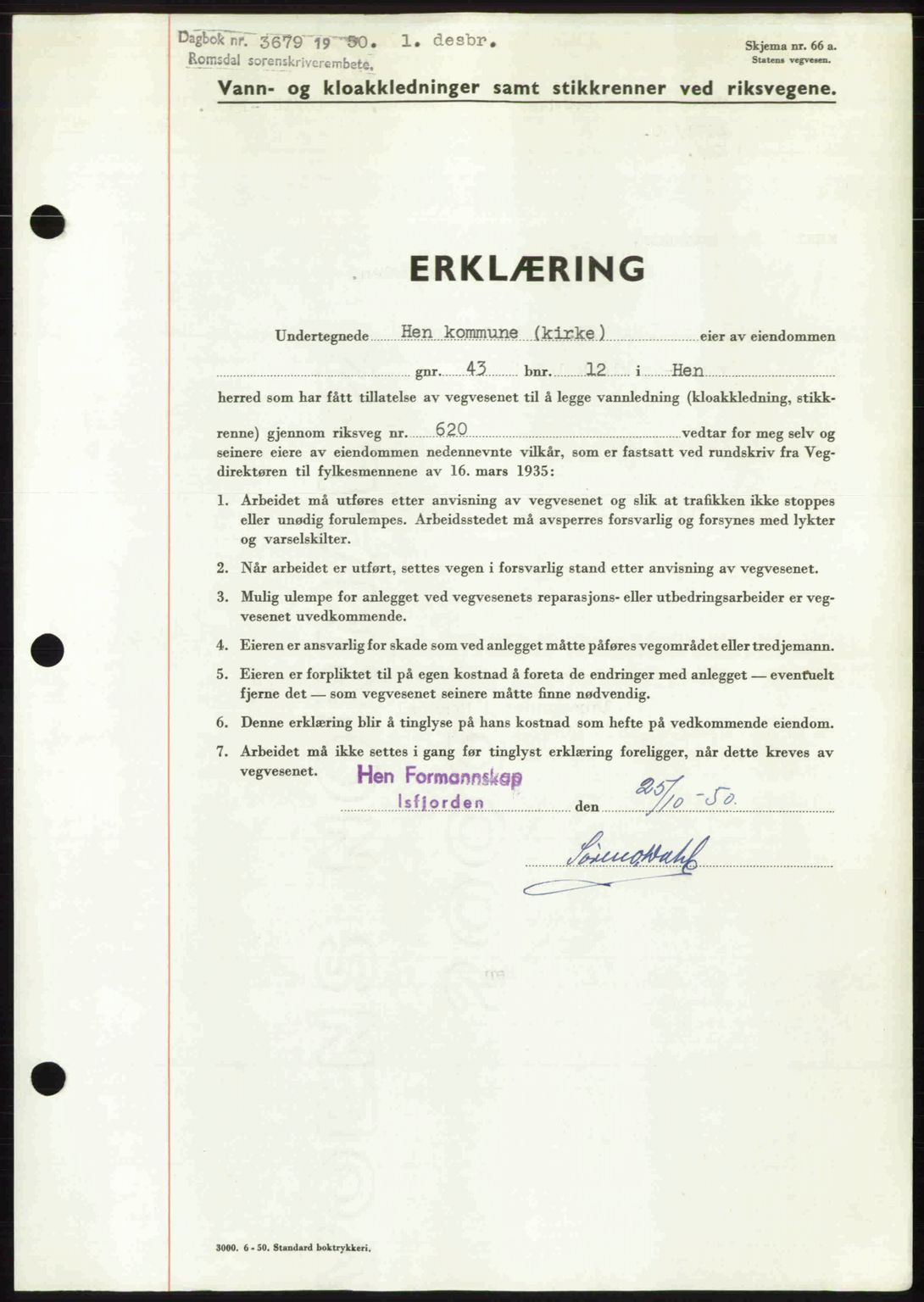 Romsdal sorenskriveri, SAT/A-4149/1/2/2C: Mortgage book no. A34, 1950-1950, Diary no: : 3679/1950