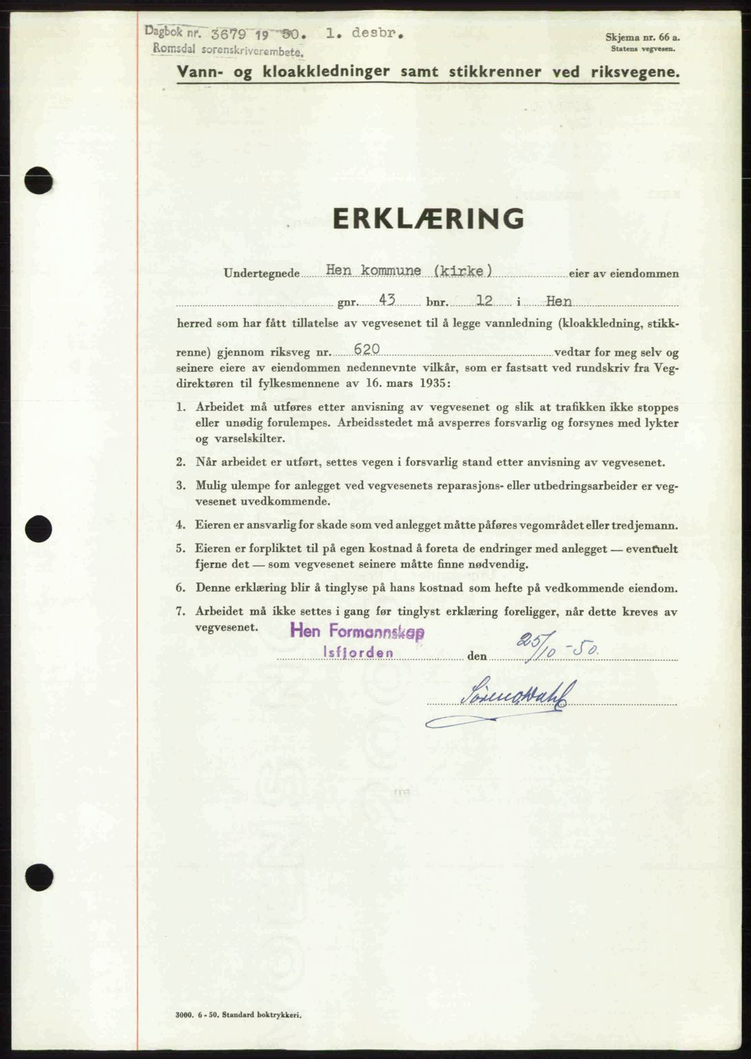 Romsdal sorenskriveri, AV/SAT-A-4149/1/2/2C: Mortgage book no. A34, 1950-1950, Diary no: : 3679/1950